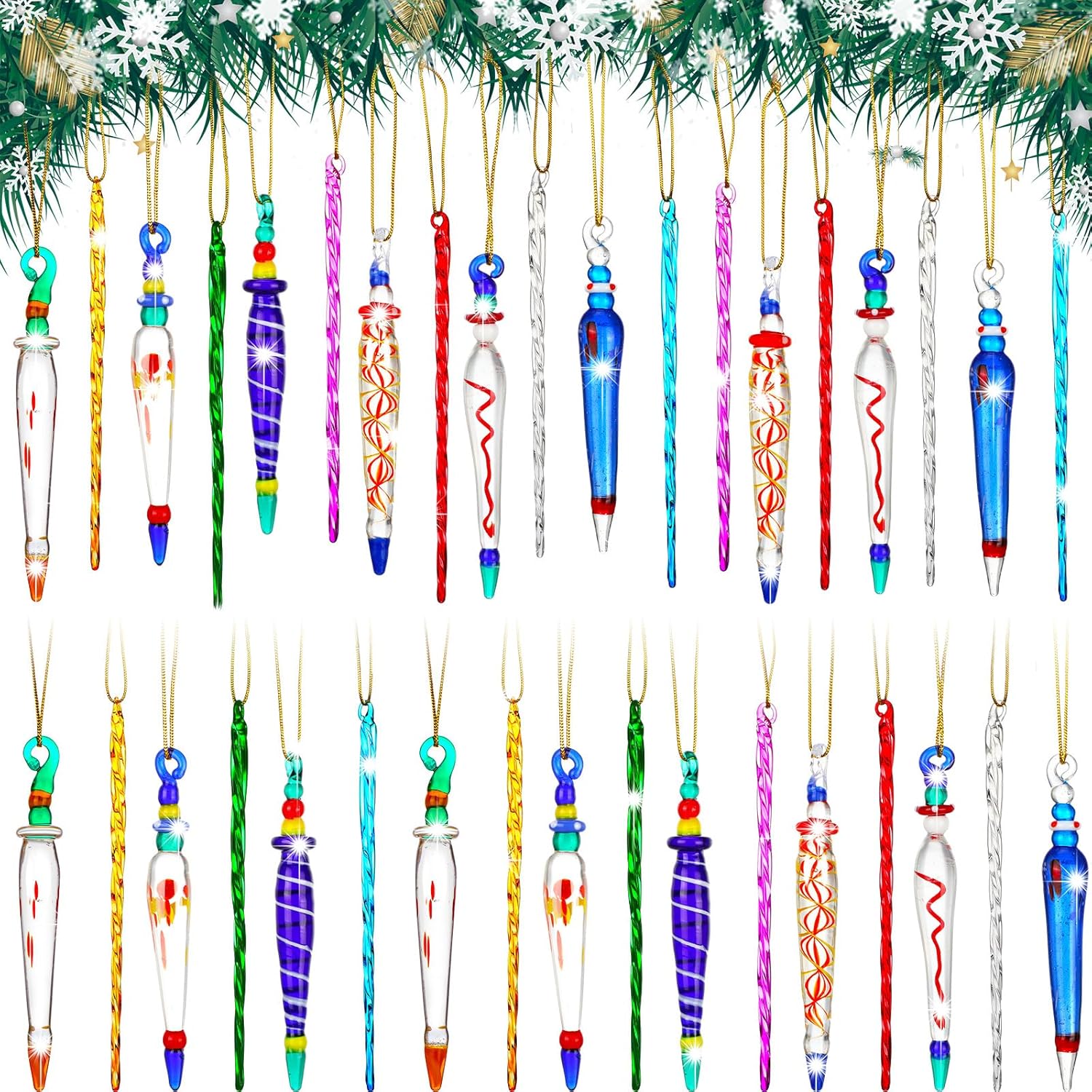 Nuogo 36 Pcs Glass Icicle Ornaments Multi Color Glass