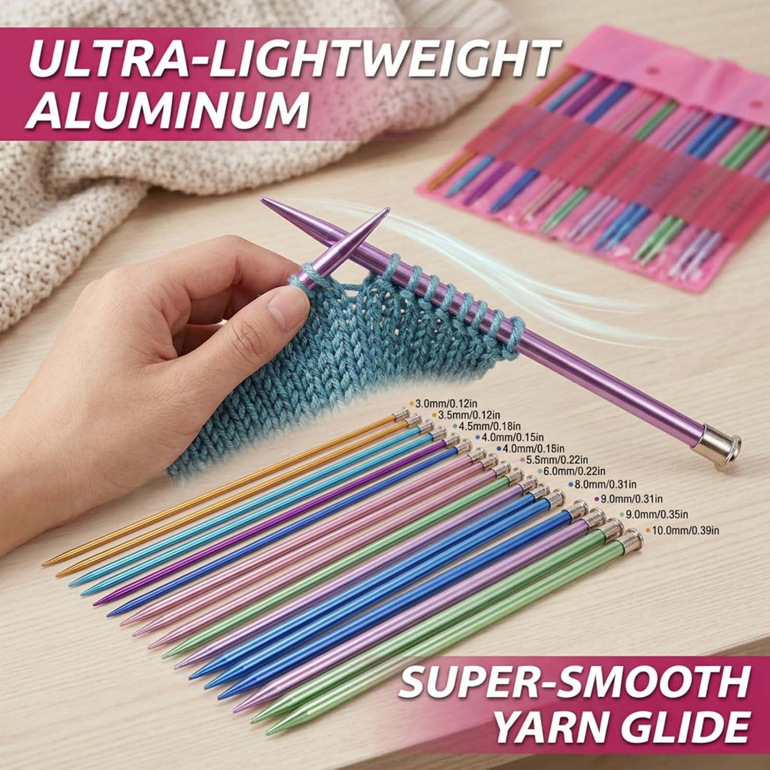 Yosoo Health Gear Knitting Needles Set 10in 20Pcs Single Pointed, Colored Lightweight Aluminum Knitting Needles Various Sizes, Straight Knitting Needles Set Easy Usage for Beginner and Expert