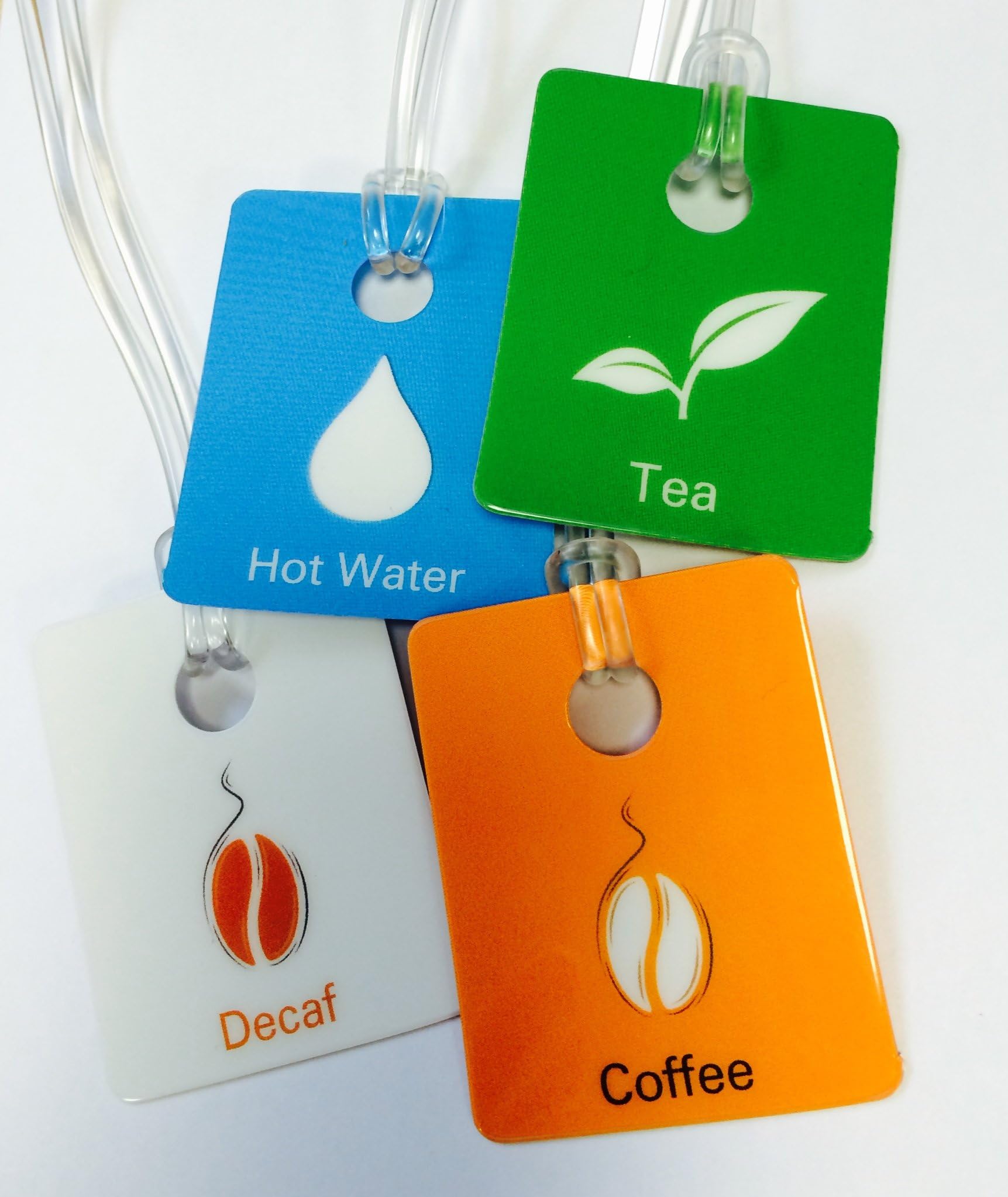 Plastic Coffee Pot, Beverage Jug, Airpot Labels (8 Pack) - 2 Coffee, 2 Decaf, 2 Tea, 2 Hot Water with Loops