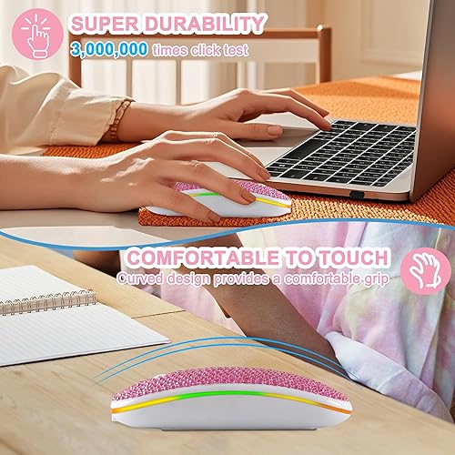 Miniatura 7 de Ratón inalámbrico Bluetooth lindo rosa brillante cristal Rhinestone ratón de computadora con luz LED 2.4GHz y Bluetooth Dual Mode recargable