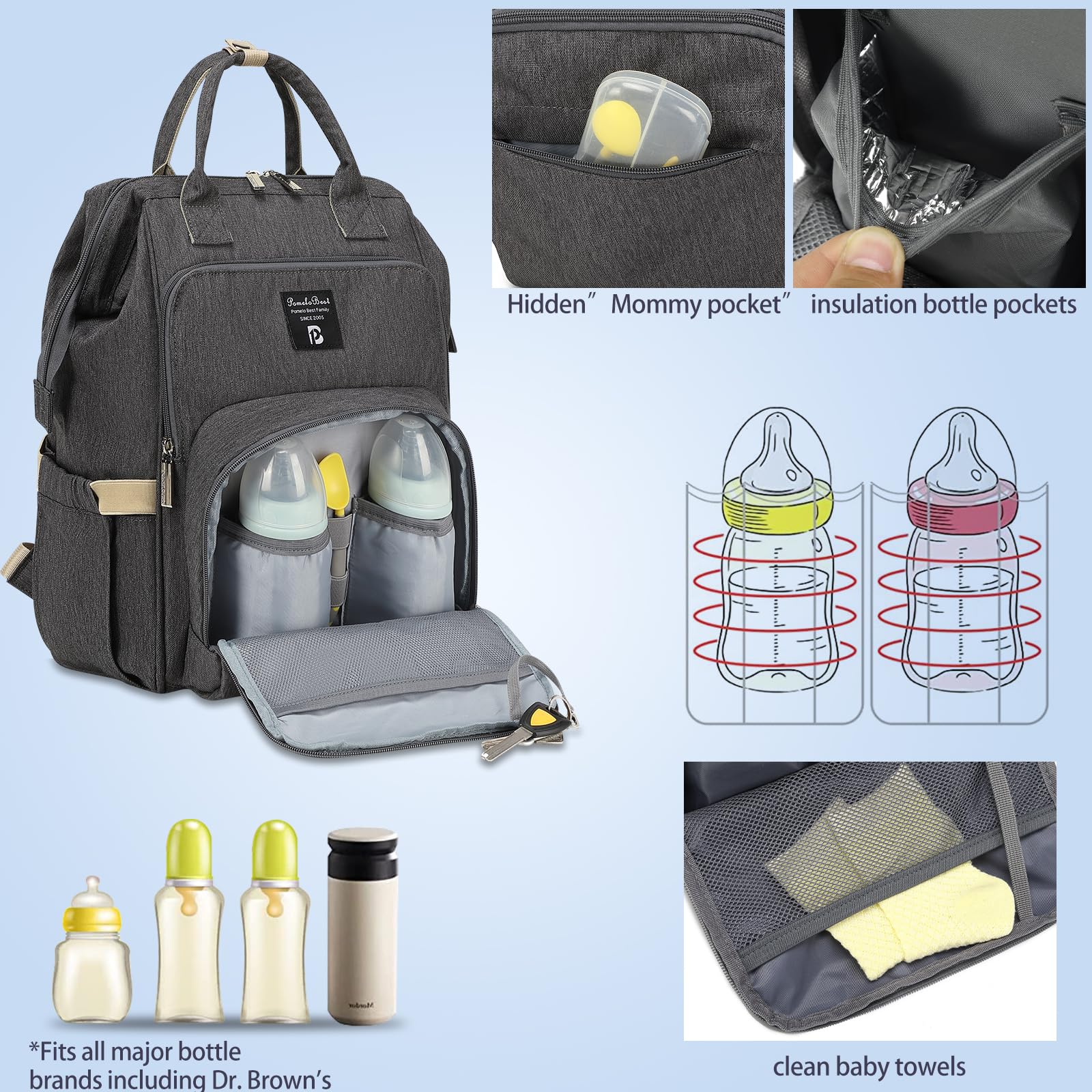 Pomelo Best Zaino Fasciatoio per Bambini, Elegante, con Fasciatoio Multifunzionale, Impermeabile, Grande Capacità, per Viaggi, Colore Grigio Scuro, Nuova versione