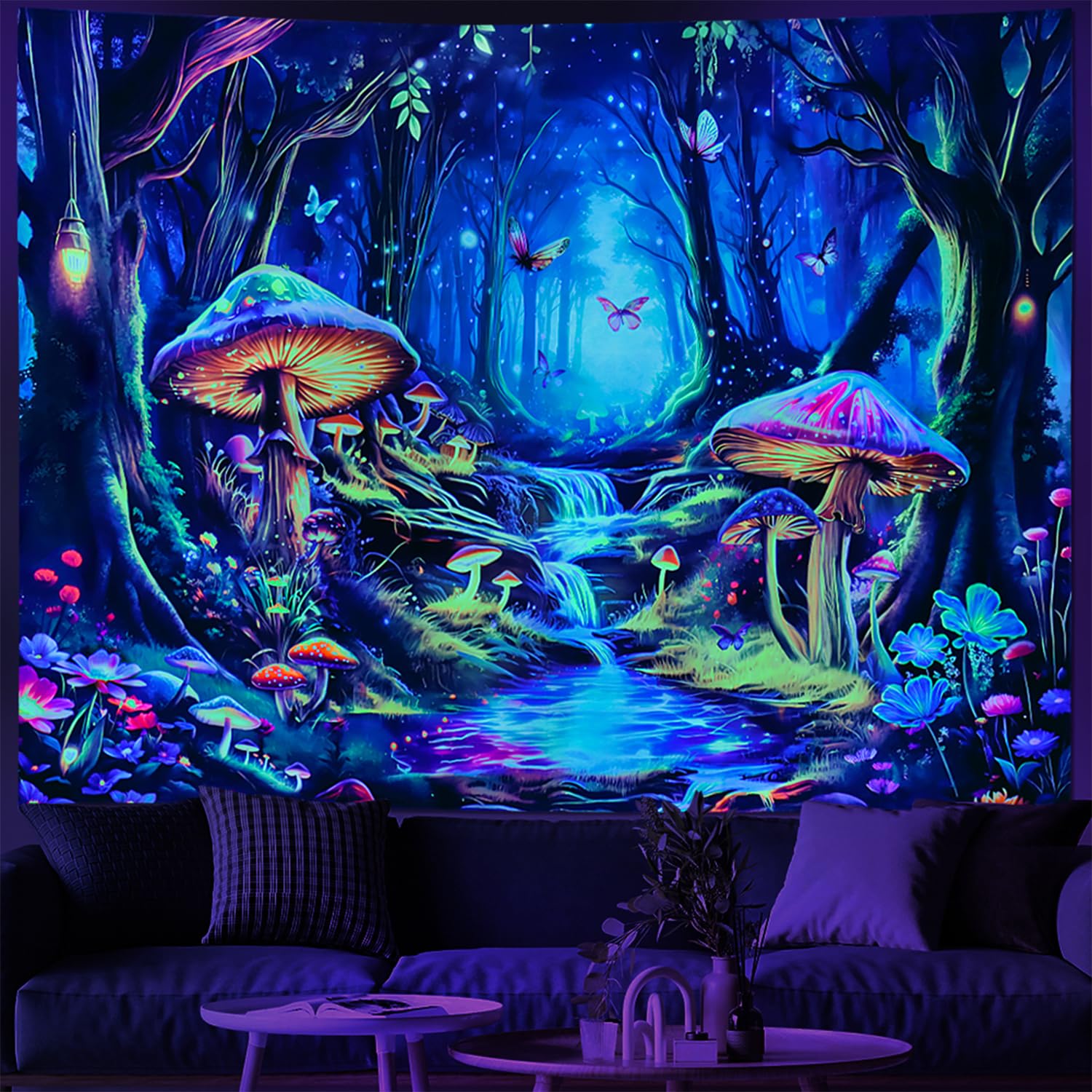 Blacklight Mushroom Tapestry UV Reactive Misty Forest Landscape Tapestry Fantasy Fairy Wonderland Butterflies Wall Hanging Waterfall Jungle Plants