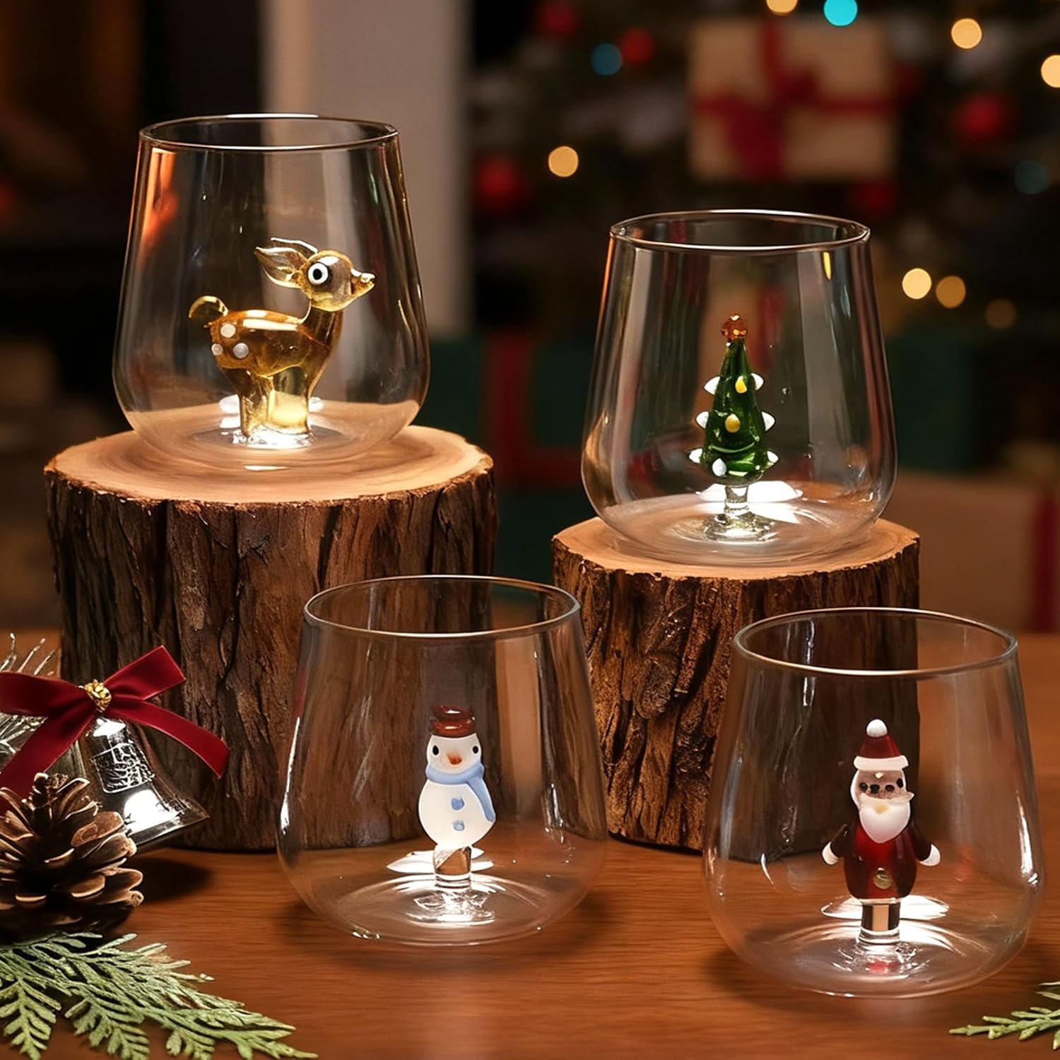 Reallnaive 4 Pcs Small Christmas Wine Glasses with Figurine Inside, 7oz Drinking Glasses Xmas Tree Santa Claus Elk Snowman 3D Figurine Inside Mug, Christmas Stemless Glass for Holiday Birthday Party