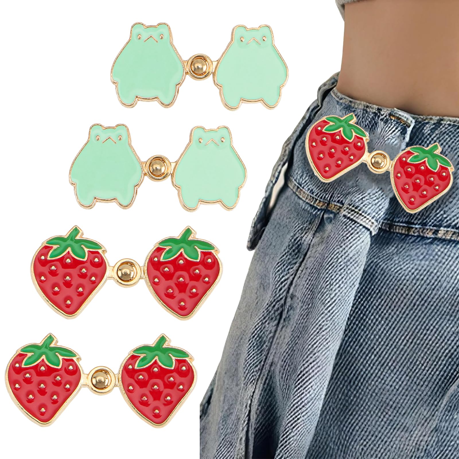 4PCS Pant Waist Tightener,Frog Strawberry Waist Knots,No Sew Jeans Button Tightener,Adjustable Waist Tightener for Loose Jeans,DIY Jeans Pants Adjuster,Waist Cincher Clip,Reusable Fastener Clasp Pins,