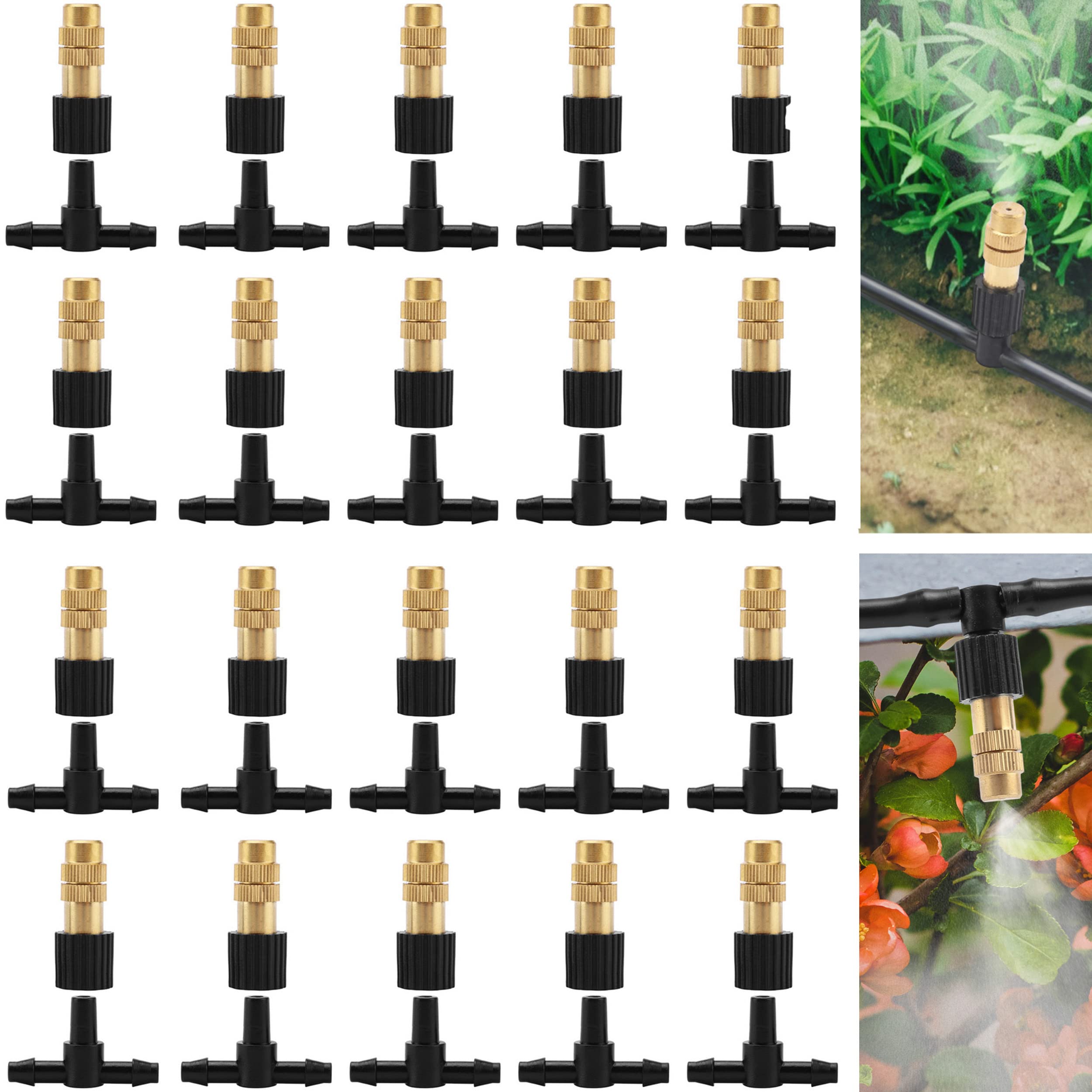 Mornajina 20Pcs Three-Way Atomizing Nozzle with Drip Irrigation Connector for 1/4 inch Drip Irrigation Tubing, Micro Spray Drip Irrigation Emitters,