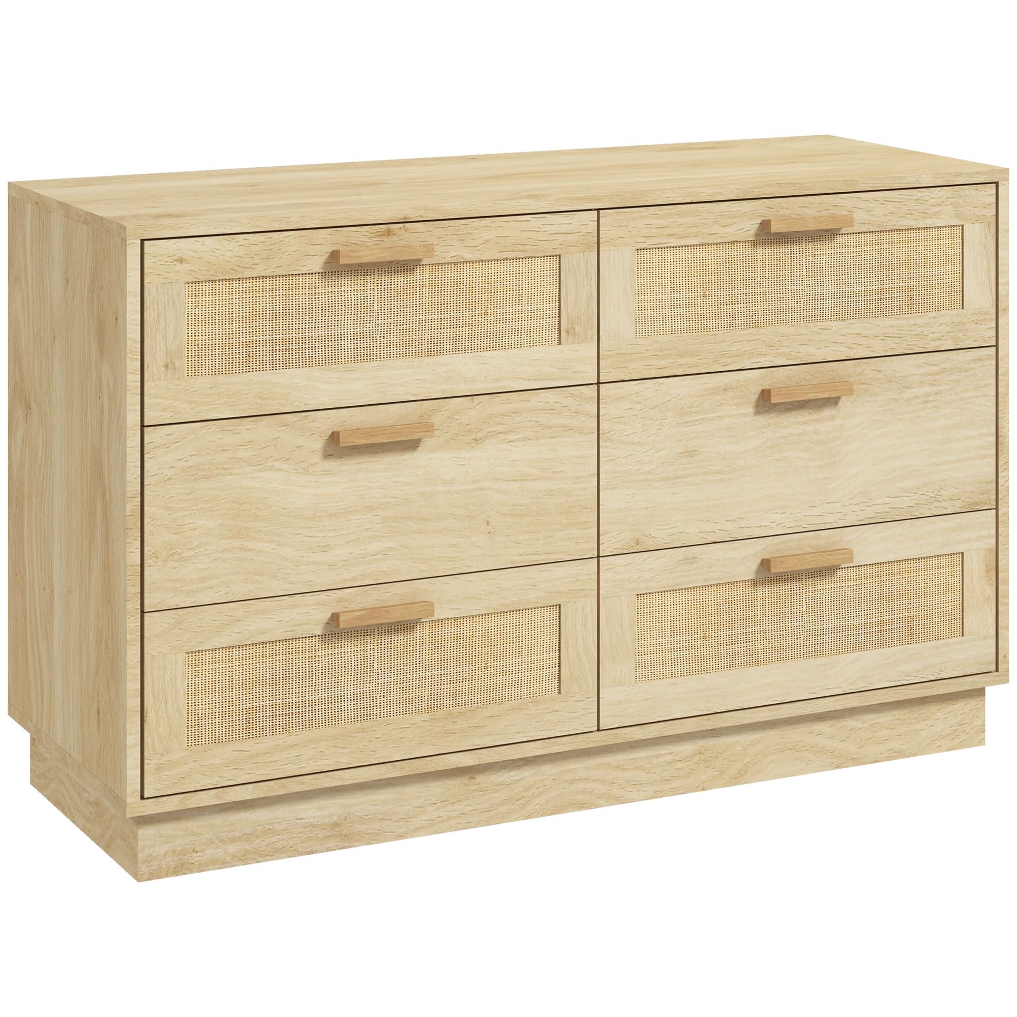 HOMCOM Commode 6 Tiroirs Commode Bois 110 x 40 x 69 cm Chêne | Meuble de Rangement, Style Bohème, Commode en Rotin, Chambre à Coucher, Salon, Entrée