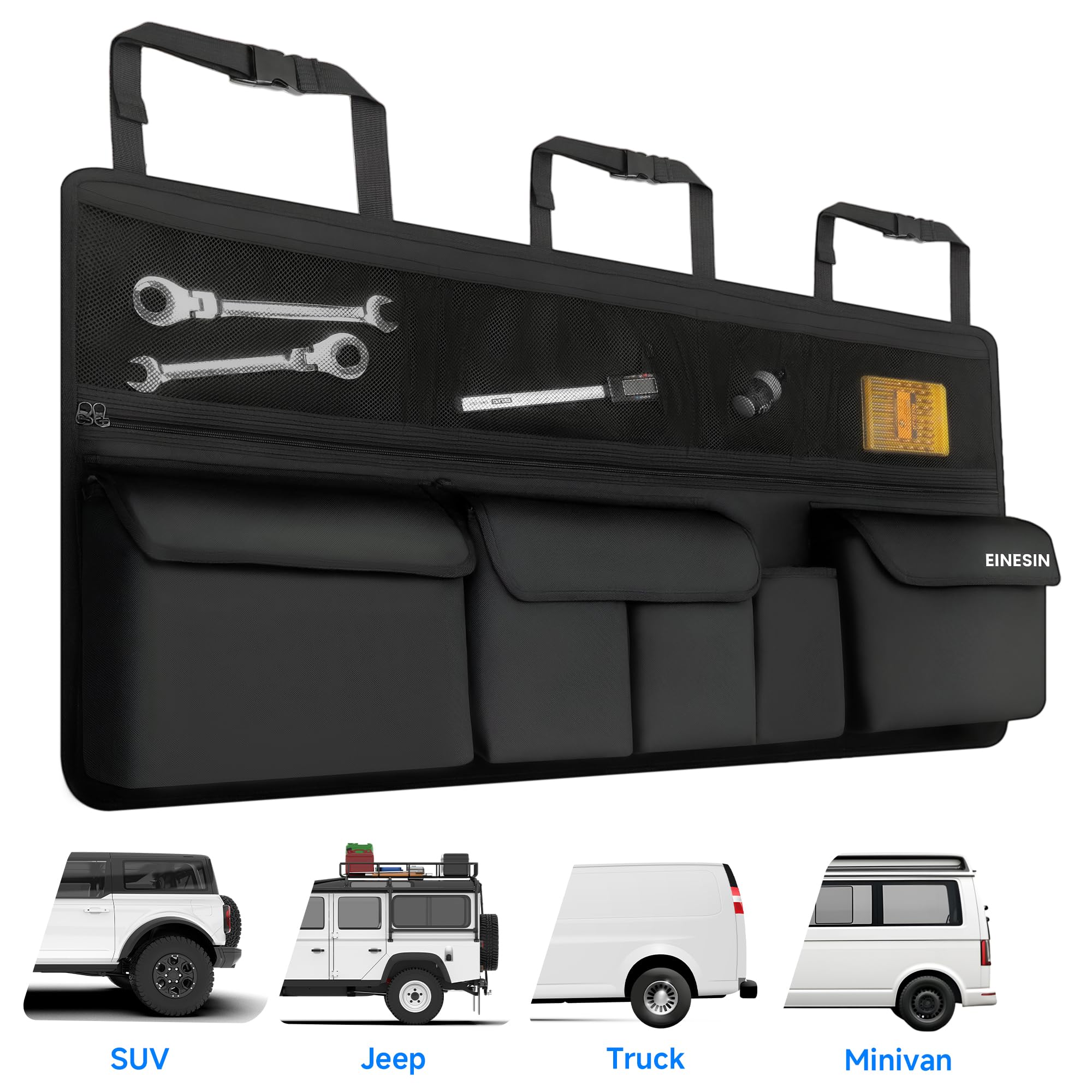 Einesin Kofferraum Organizer Auto, multi Aufbewahrungstasche für auto mit Netztaschen, Auto Aufbewahrungstasche mit 9 Pocket, schwarz