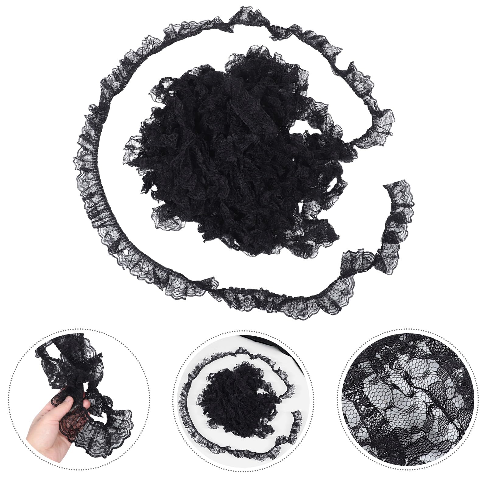 Healvian Ribete de Encaje Plisado y en Poliéster de 6 Cm Negro Ojales Bordados Adecuado para Vintage para Costura y Manualidades de Boda