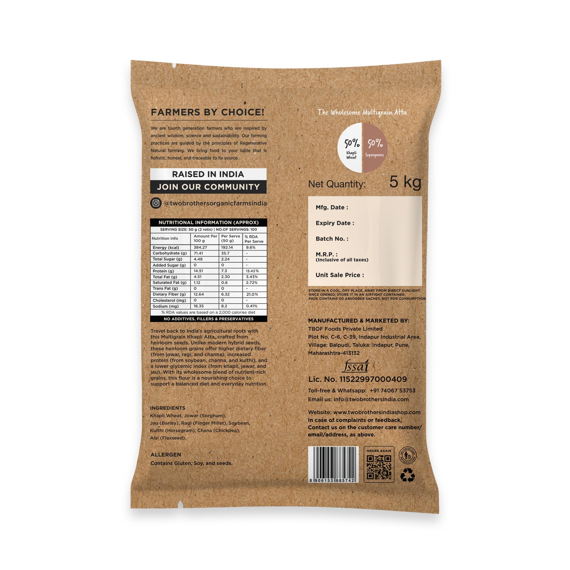 Two Brothers India Farms Khapli Multigrain Atta (5kg)| 8 Grains Flour Mix | High Fiber & Protein Source | Low GI Atta | Khapli, Jowar, Jau, Ragi, Soybean, Kulthi, Chana, Alsi
