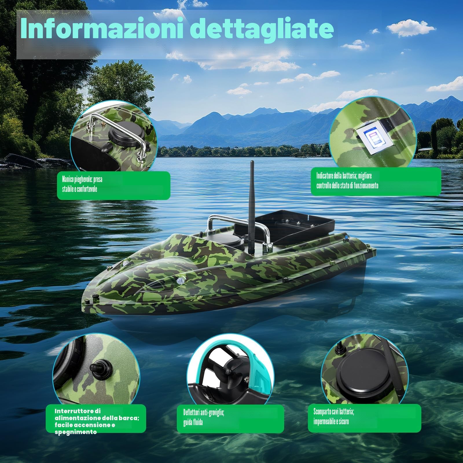 Barca telecomandata Avviatore Pesca Carpa Esca senza Fili Pesca Barca di Ammorza 500 M Doppio Motori Crociera Automatica Doppio Motore, Grande Capacità 1.5 KG, Camouflage