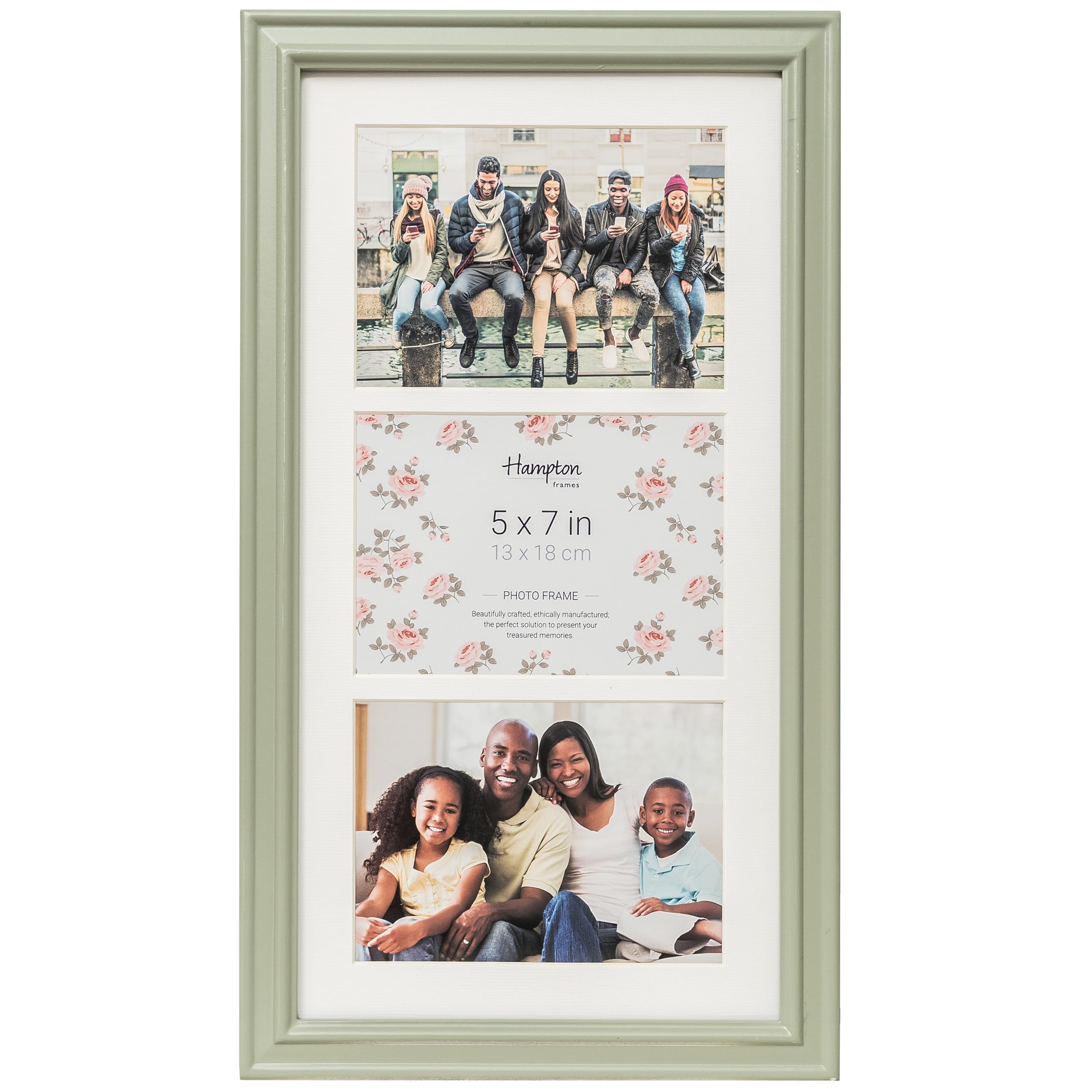 Hampton Frames HELENA Triple 5x7 (13x18cm) Sage Green Frame With White Mount Picture Photo Frame Acrylic HEL375SG