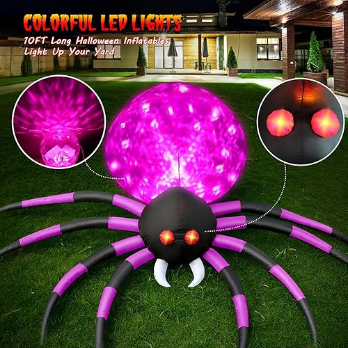 Miniatura 3 de Araña inflable de Halloween de 10 pies para decoración al aire libre para patio, araña grande morada con llama giratoria LED, araña gigante de
