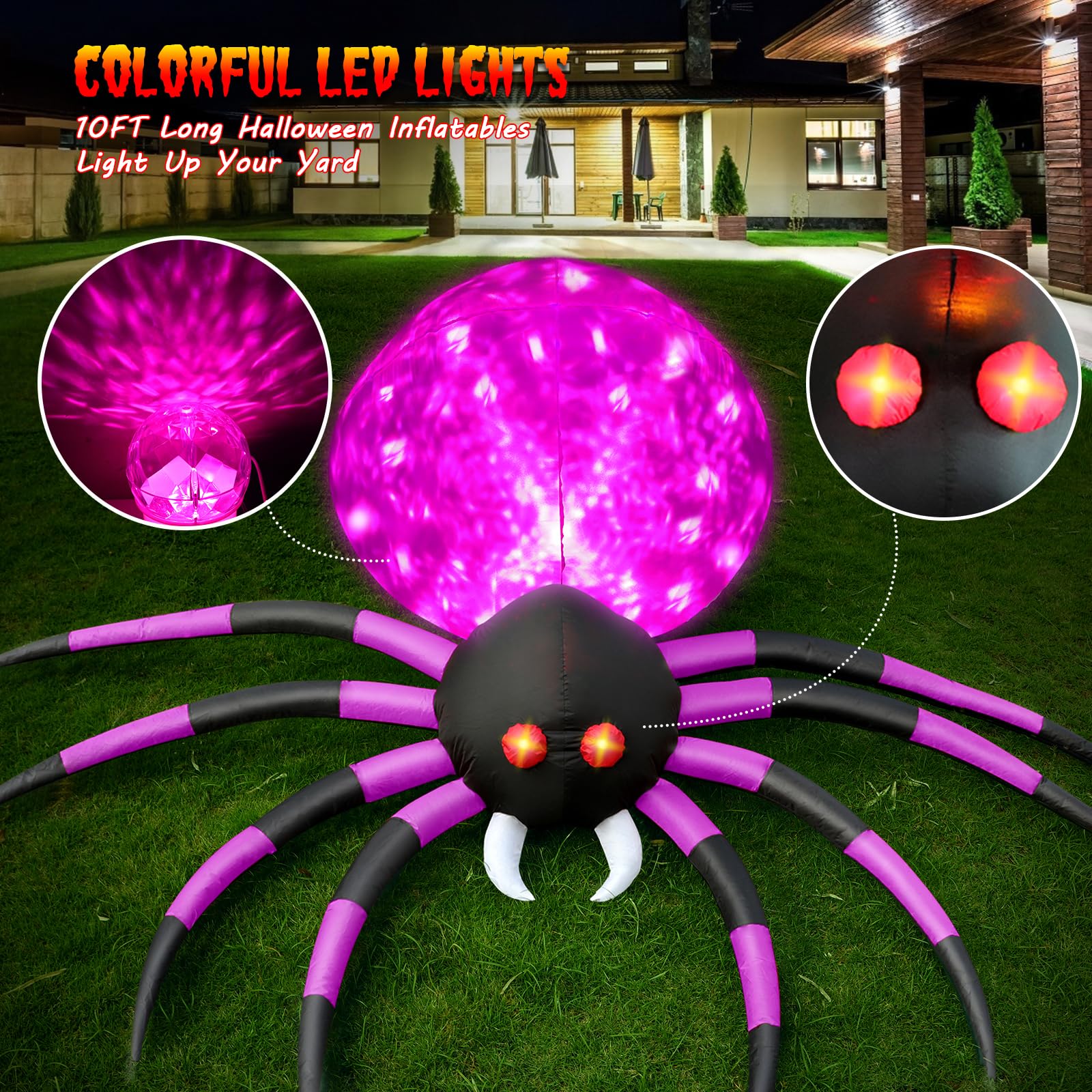 10 FT Halloween Inflatable Spider Outdoor Decorations for Yard, Big Purple Crawling Spider with LED Rotating Flame, Giant Halloween Spider for Halloween Party Holiday Garden Lawn Patio House Decor