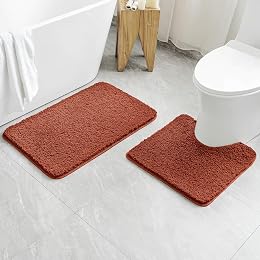 MIULEE Rust Bathroom Rugs Set 2 Piece, Soft Absorbent Microfiber Bath Mat and U-Shaped Contour Toilet Rug, Non Slip Quick Dry Washable Plush Shaggy Bath Rugs for Bathroom，20"x20"+20"x30"