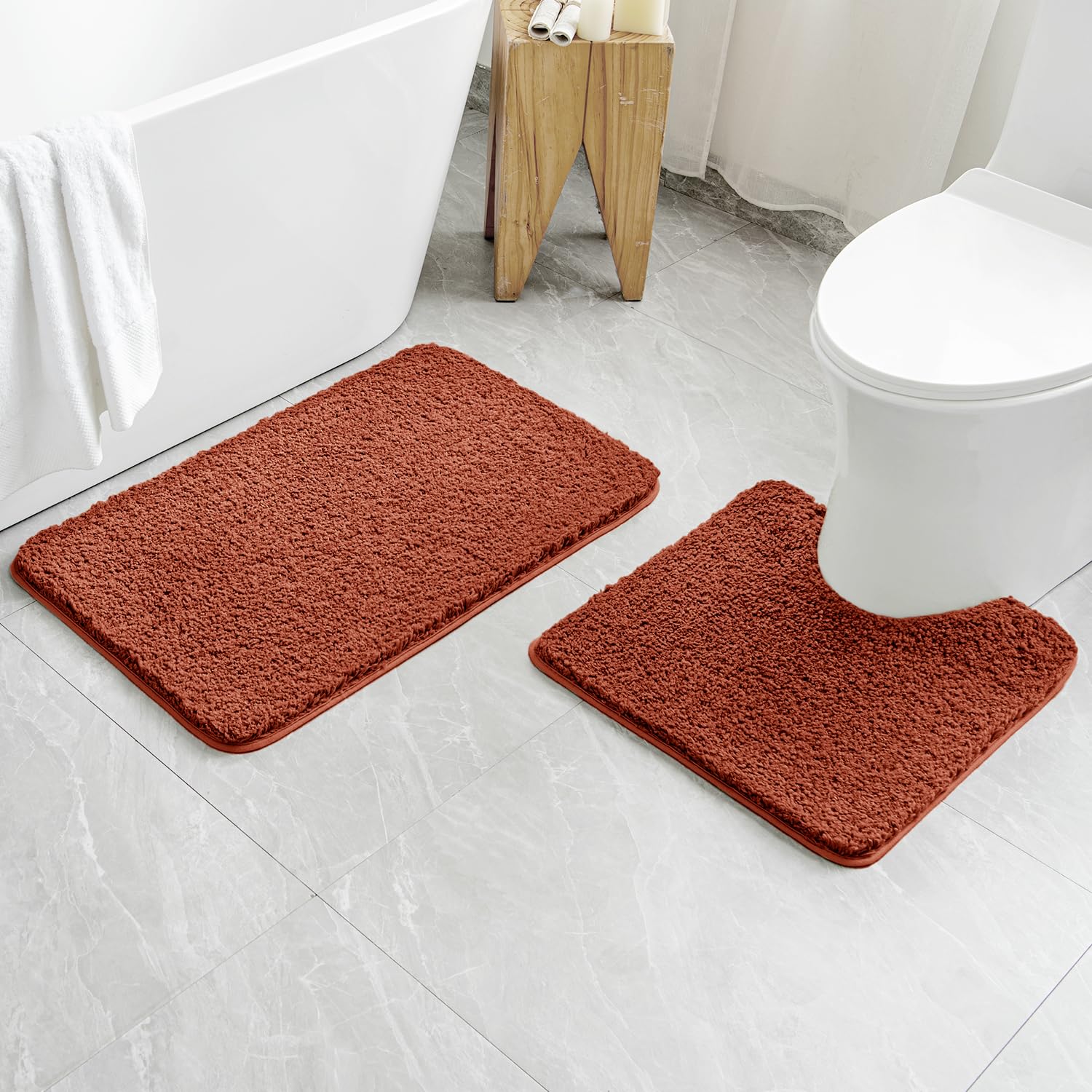 MIULEE Rust Microfiber Bathroom Rugs and Mats Sets 2 Pieces Extra Thick Non Slip Bath Mat and U-Shaped Contour Toilet Rug for Bath Room Floor Restroom