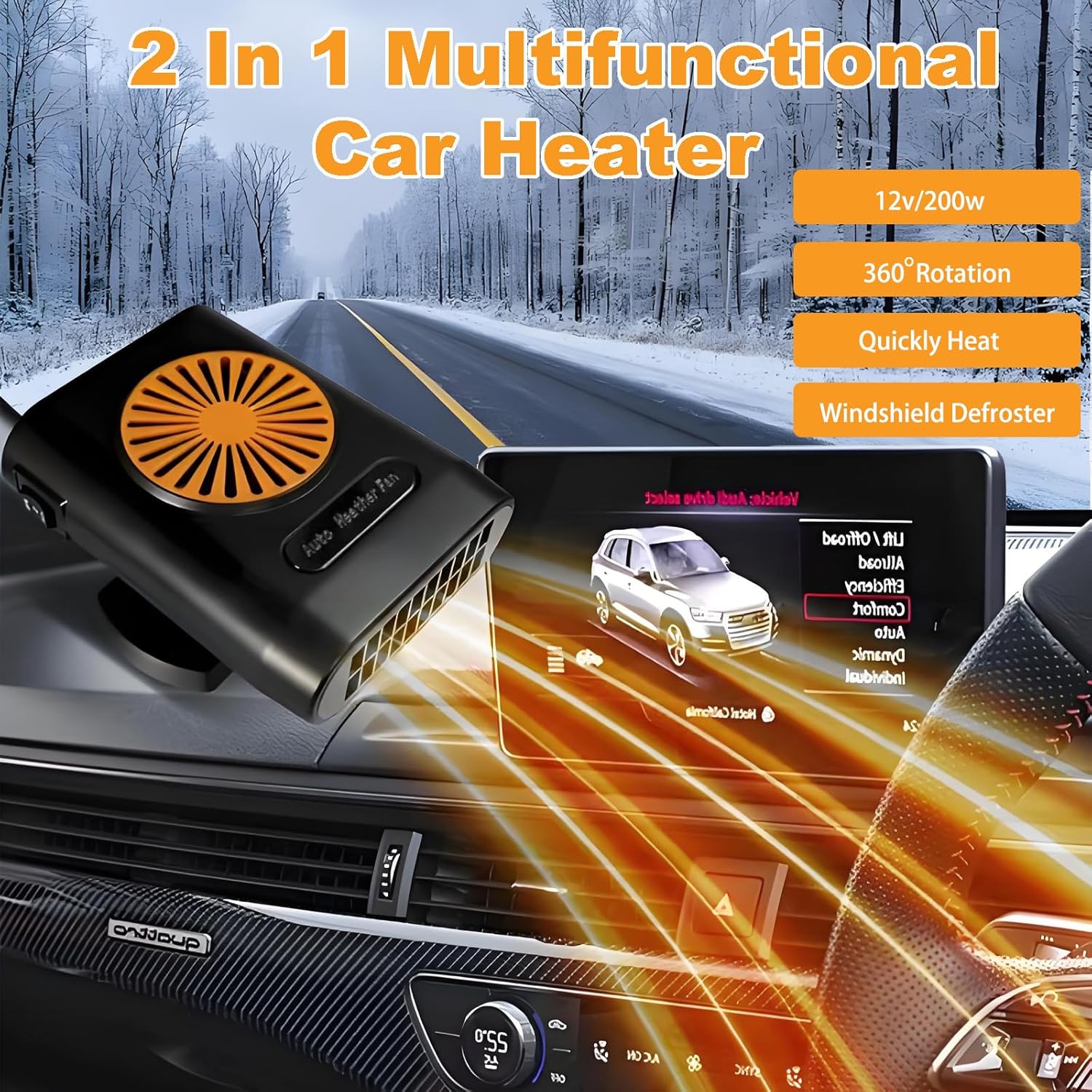 Portable Car Heater,12V Car Heater that Plugs into Cigarette Lighter,200W Fast Heating Windshield Defroster Defogger (Orange)