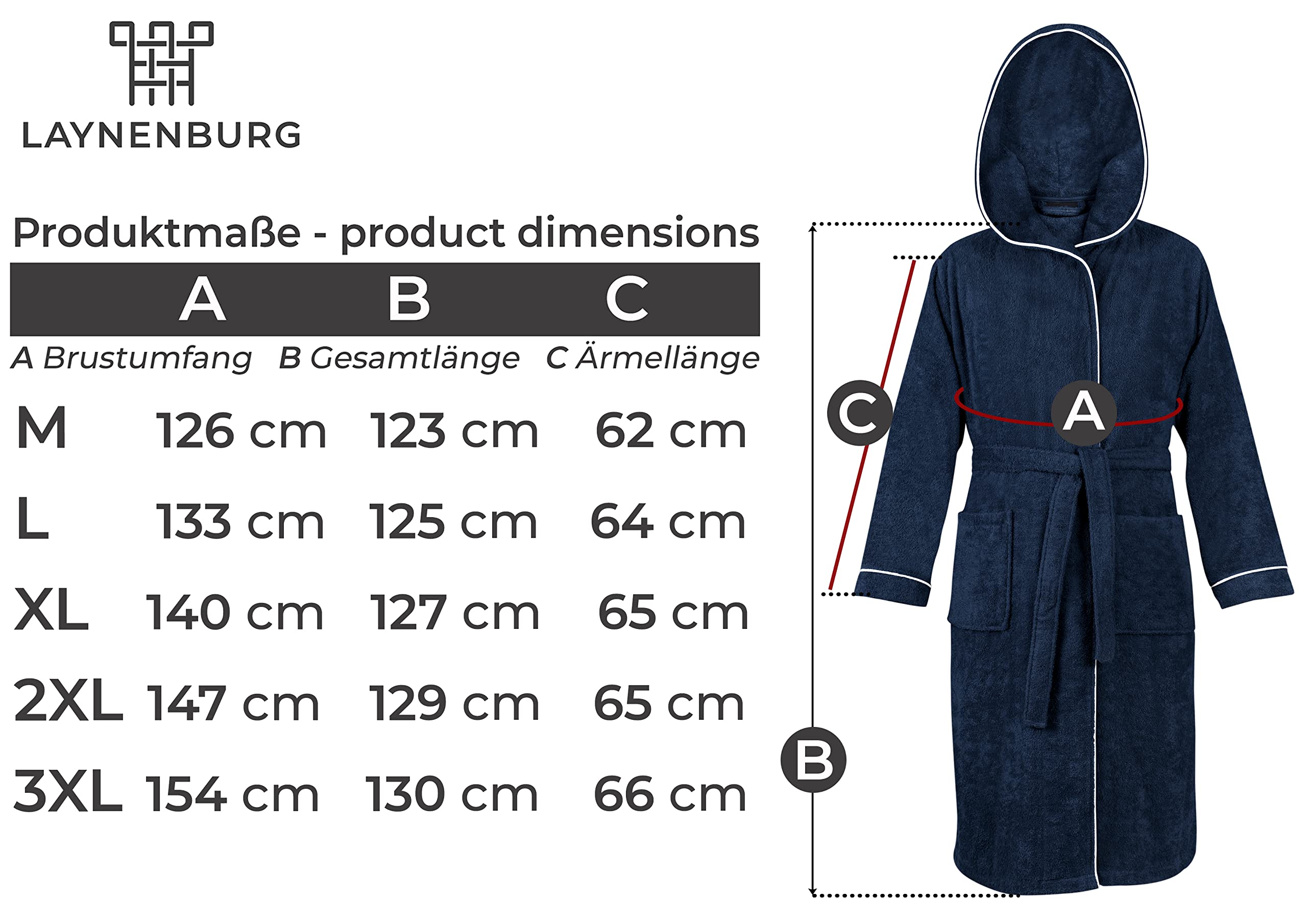 LAYNENBURG Accappatoio Uomo in spugna - Cappuccio - lungo - 100% Cotone (360g/m2) - OEKO TEX Standard 100 - Taglia M, L, XL, XXL, 3XL