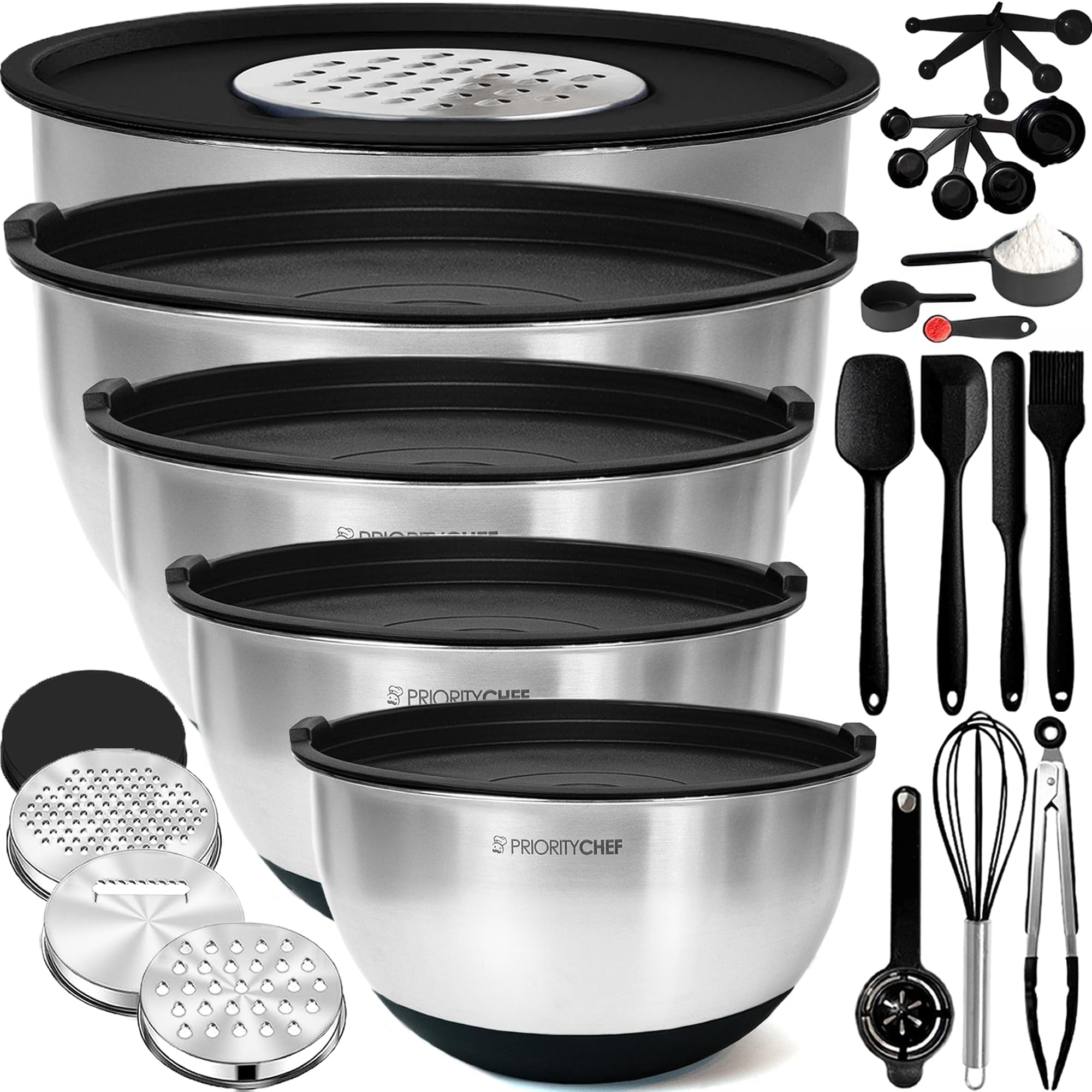Priority Chef Stainless Steel Mixing Bowls with Lids Set, Metal Nesting Bowls with Airtight Lids, Graters, Non-Slip Base & Measurement Marks, Includes Utensil Set for Prep, Baking & Storage, Black