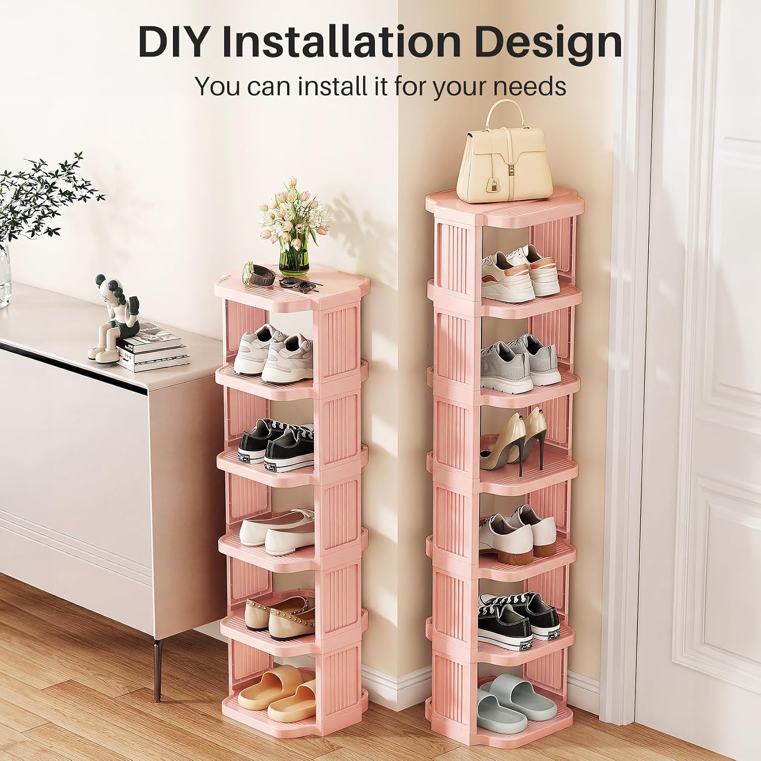 Kitstorack 8-Tier Vertical Plastic Shoe Rack, Freestanding Stackable Shoe Storage Organizer Cubes Shoe Shelf Tower or Small Closets and Tight Spaces, Pink image 4