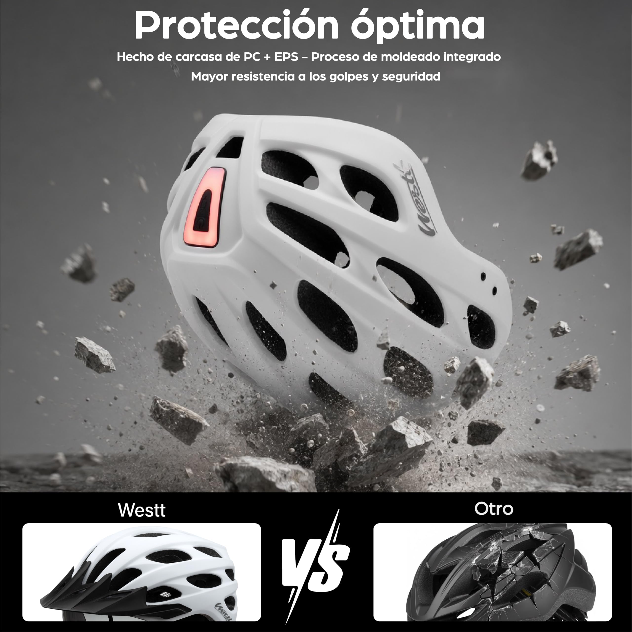 Westt Casco de Bicicleta con luz Recargable y Visera, para Hombre y Mujer