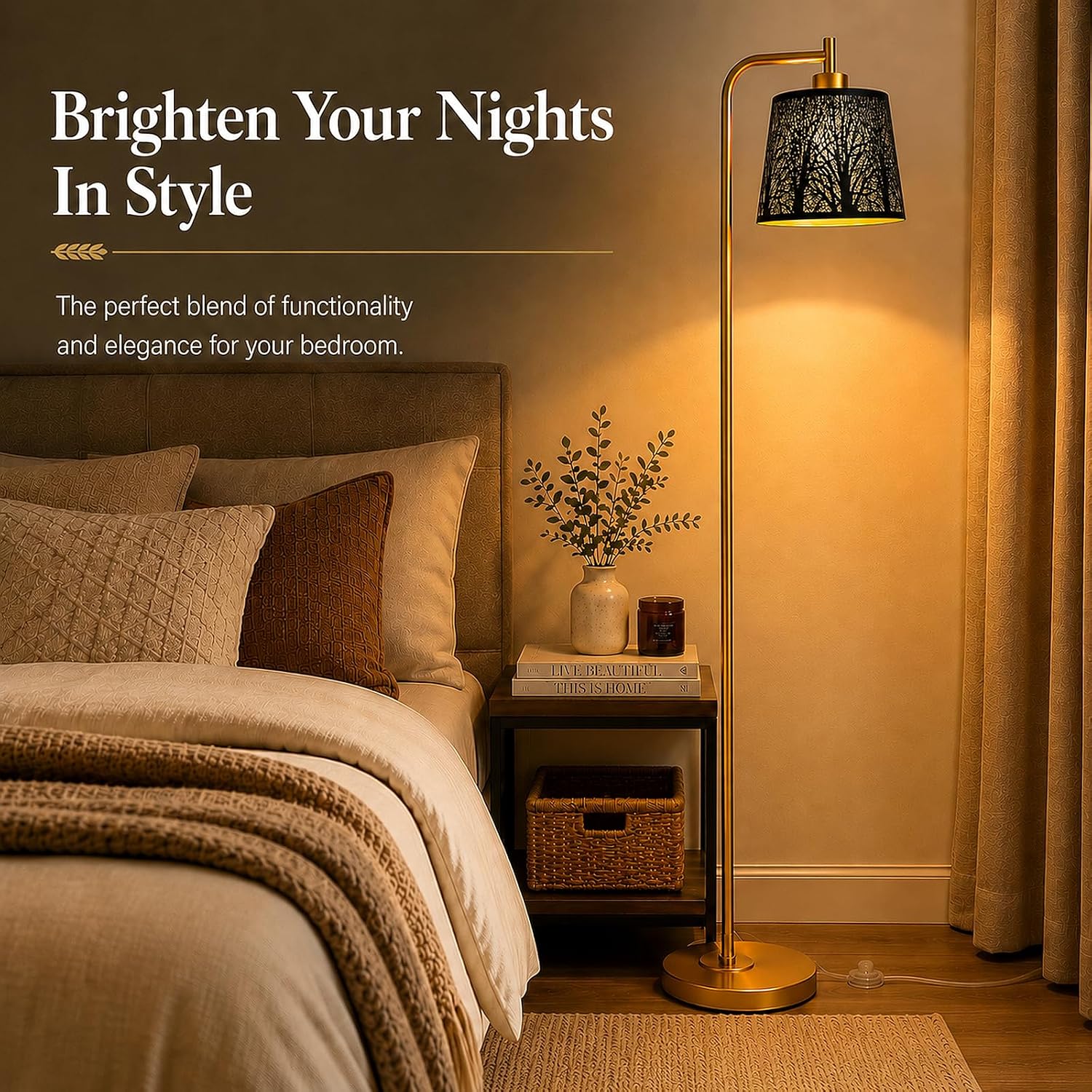 Arc Floor Lamp for Living Room, Black Tree Cutout Metal Shade thumbnail