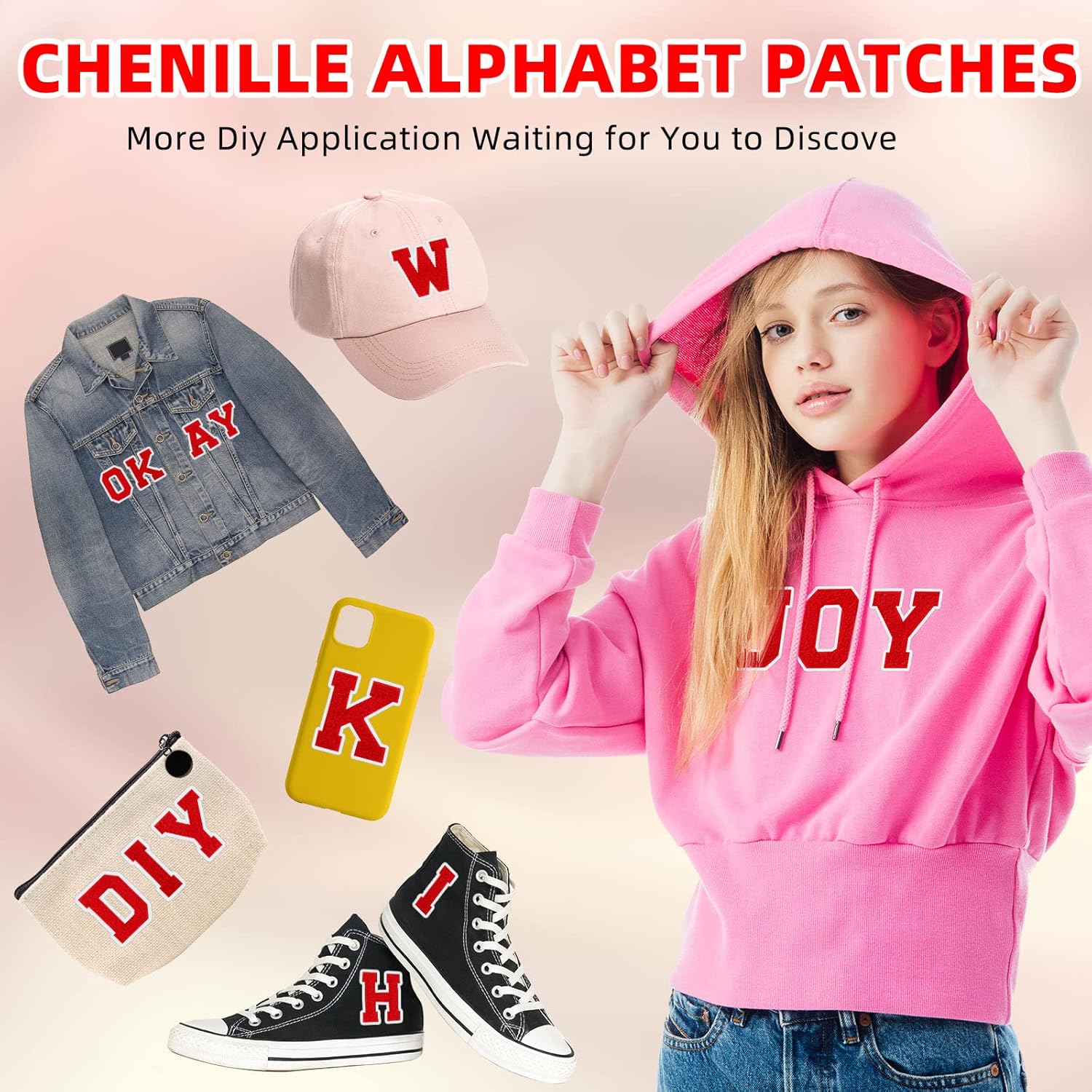 WILLBOND 104 Pieces Iron On Letters Chenille Letter Patches 3.1inches A-Z Alphabet Patches for Clothing Preppy Sew Embroidered Repair Fabric Jacket Jeans Bag(Red with White Edges)