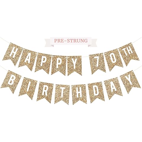 Pre-strung Happy 70th Birthday Banner - No DIY - Gold Glitter 70th Birthday Party Banner for Men & Women - Pre-strung Garland on 6 ft Strands - Gold Bday Party Decorations & Decor - No DIY