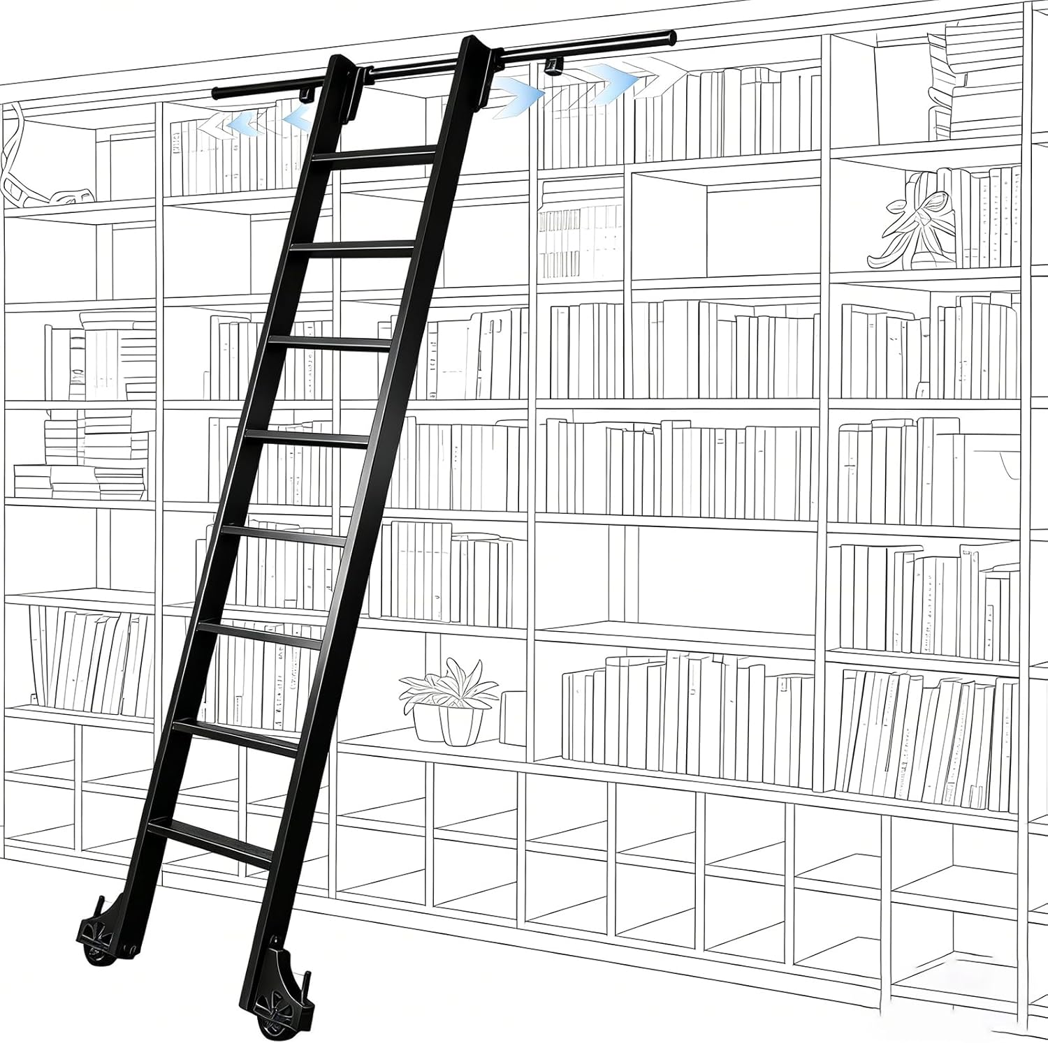 XIJIXILI 96" Rolling Library Ladder Kit: 4FT Wall Track, Brake Wheels, 450lb Heavy Duty Black Sliding Ladder for Loft, Library, Warehouse