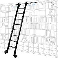 XIJIXILI 96" Rolling Library Ladder Kit: 4FT Wall Track, Brake Wheels, 450lb Heavy Duty Black Sliding Ladder for Loft, Library, Warehouse