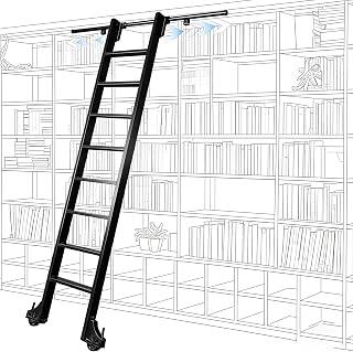 XIJIXILI 96" Rolling Library Ladder Kit: 4FT Wall Track, Brake Wheels, 450lb Heavy Duty Black Sliding Ladder for Loft, Library, Warehouse