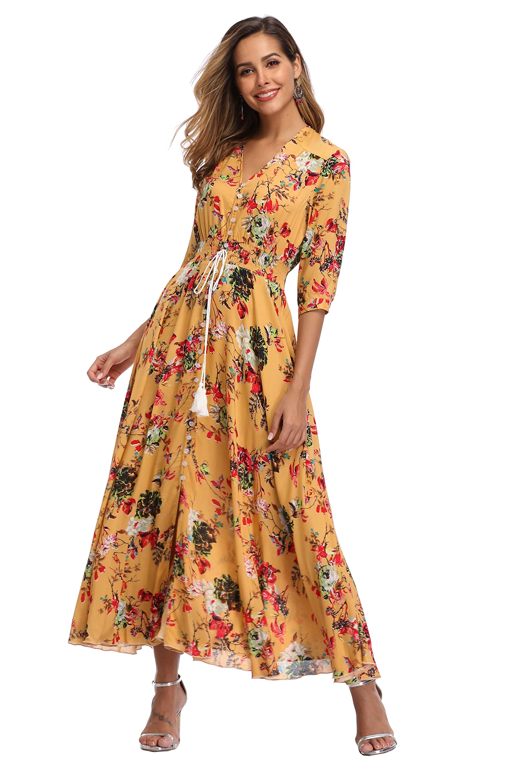 VintageClothing Women's Floral Maxi Dresses with Sleeves Flowy Boho Beach Dress