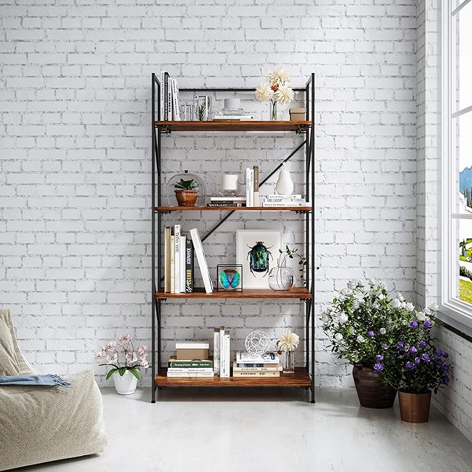 4 Tier Folding Bookshelf, Industrial Metal Book Shelf for