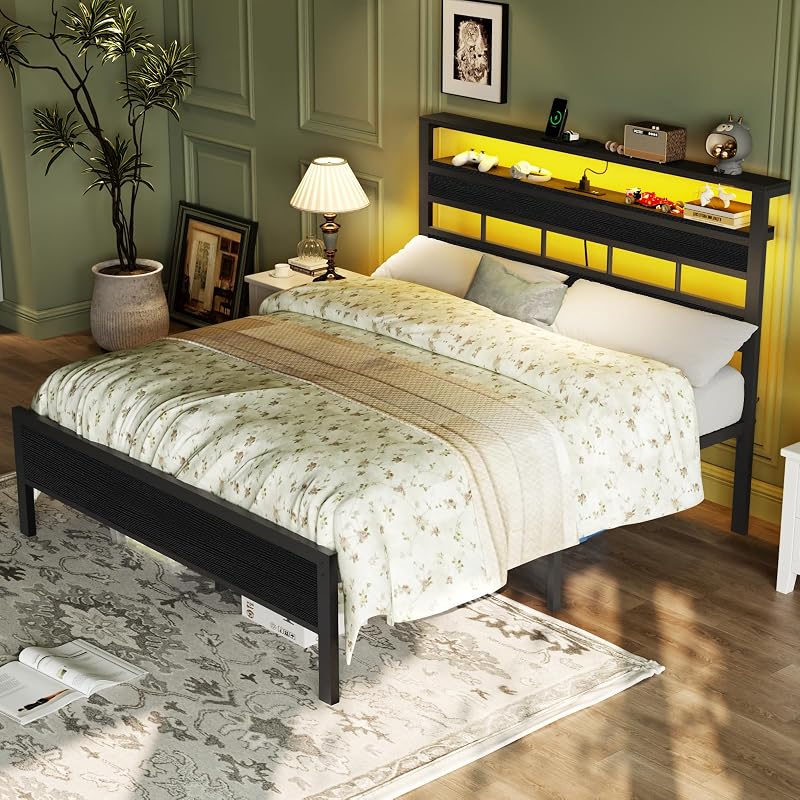 Furnulem Full Size Bed Frame, Storage Headboard, LED & Charger, Black Oak image 4