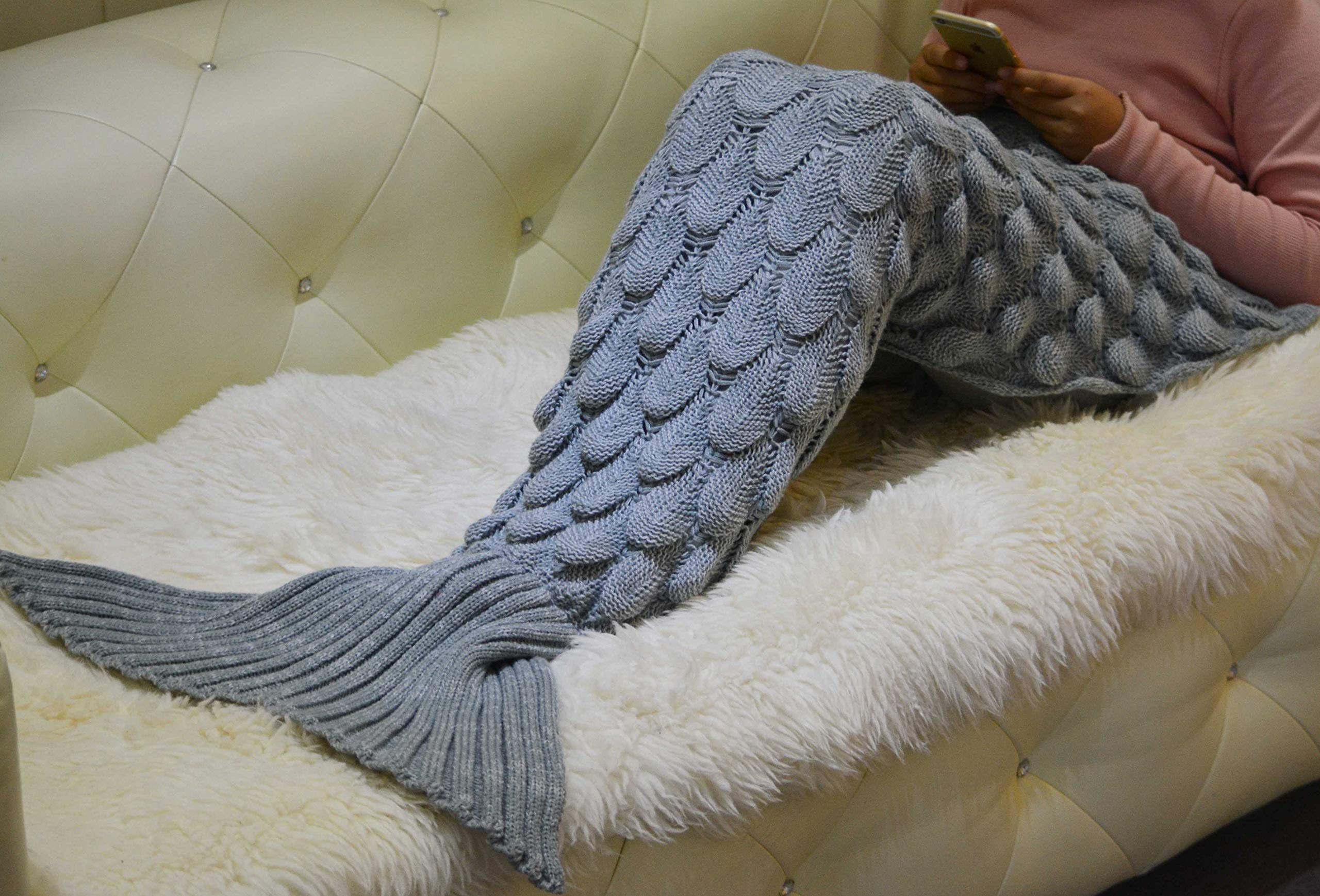 Intimates Mermaid Tail Blanket, Knitted Mermaid Sleeping Bag for Kids & Adults, Handmade - Birthday & Xmas Gift (Grey, Kids)