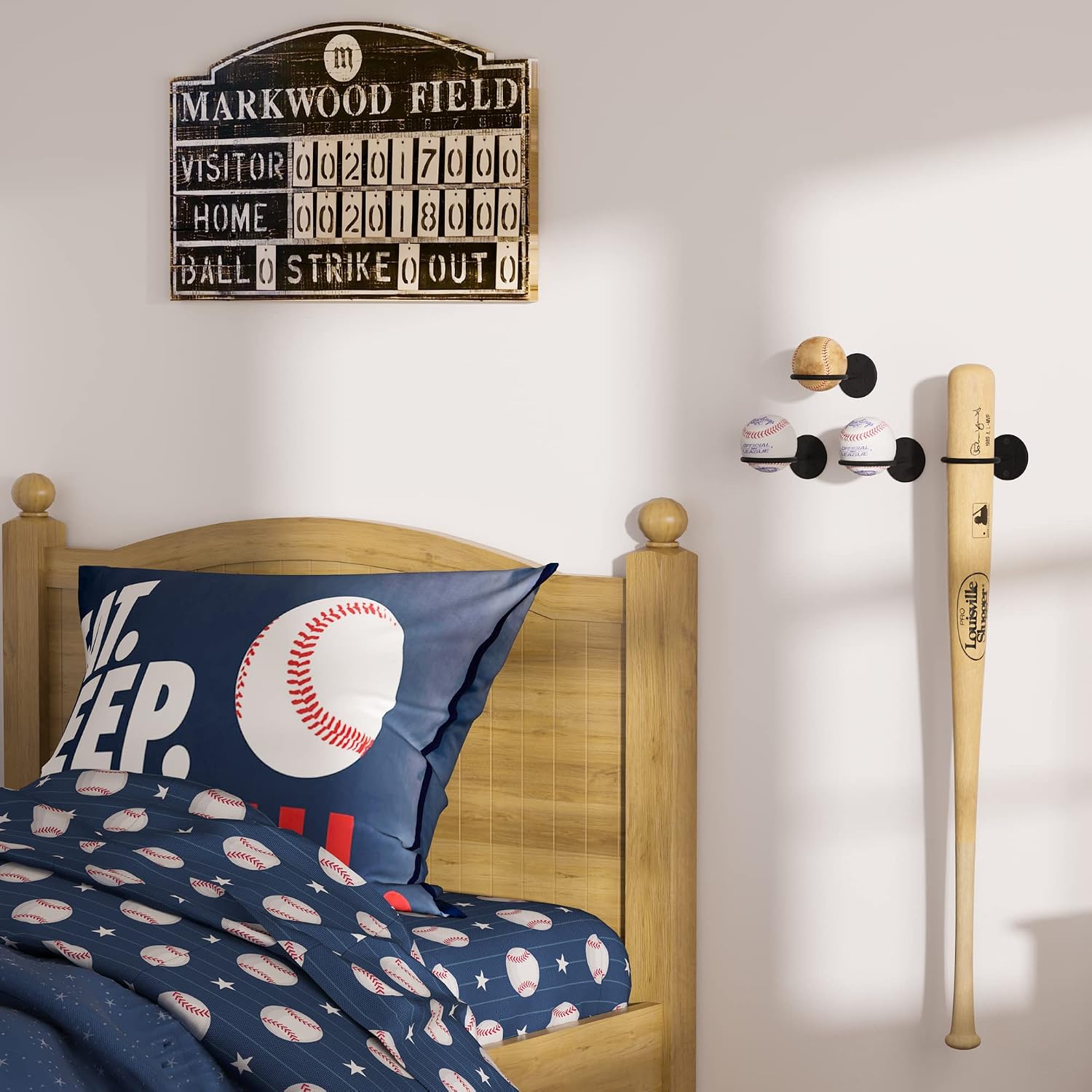 Wallniture Sporta Baseball Bat Rack and Ball Storage, Wall Mounted Ball Holder Organization and Storage Rack Set of 4 Metal, Black