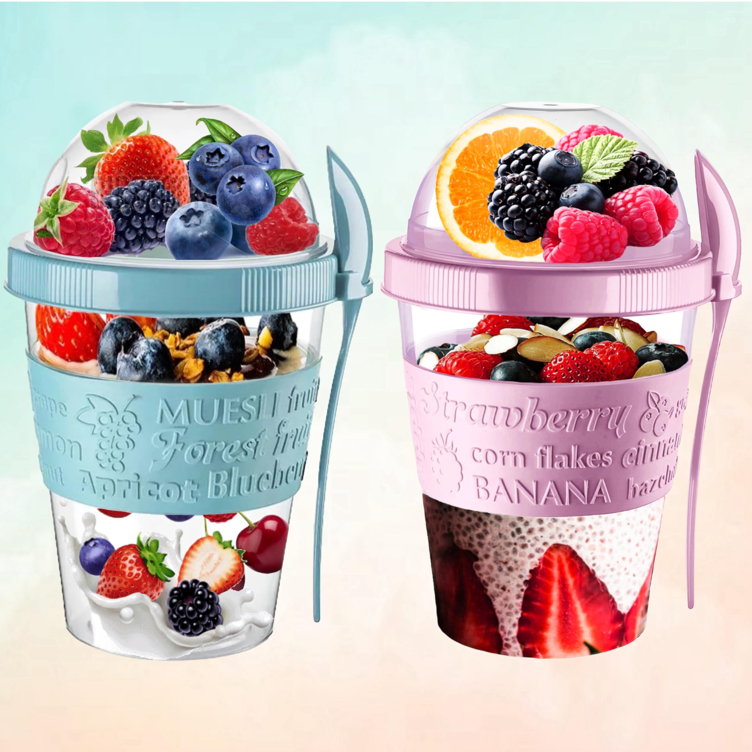 4All Reusable Yogurt Pots 600ml With Spoon Cereal Storage Containers With Lid Airtight Overnight Oats Jar BPA Free Breakfast Cup Cereal On The Go Dishwasher Safe (Pack 4 Teal,Pink,Blue,Grey) - Image 4