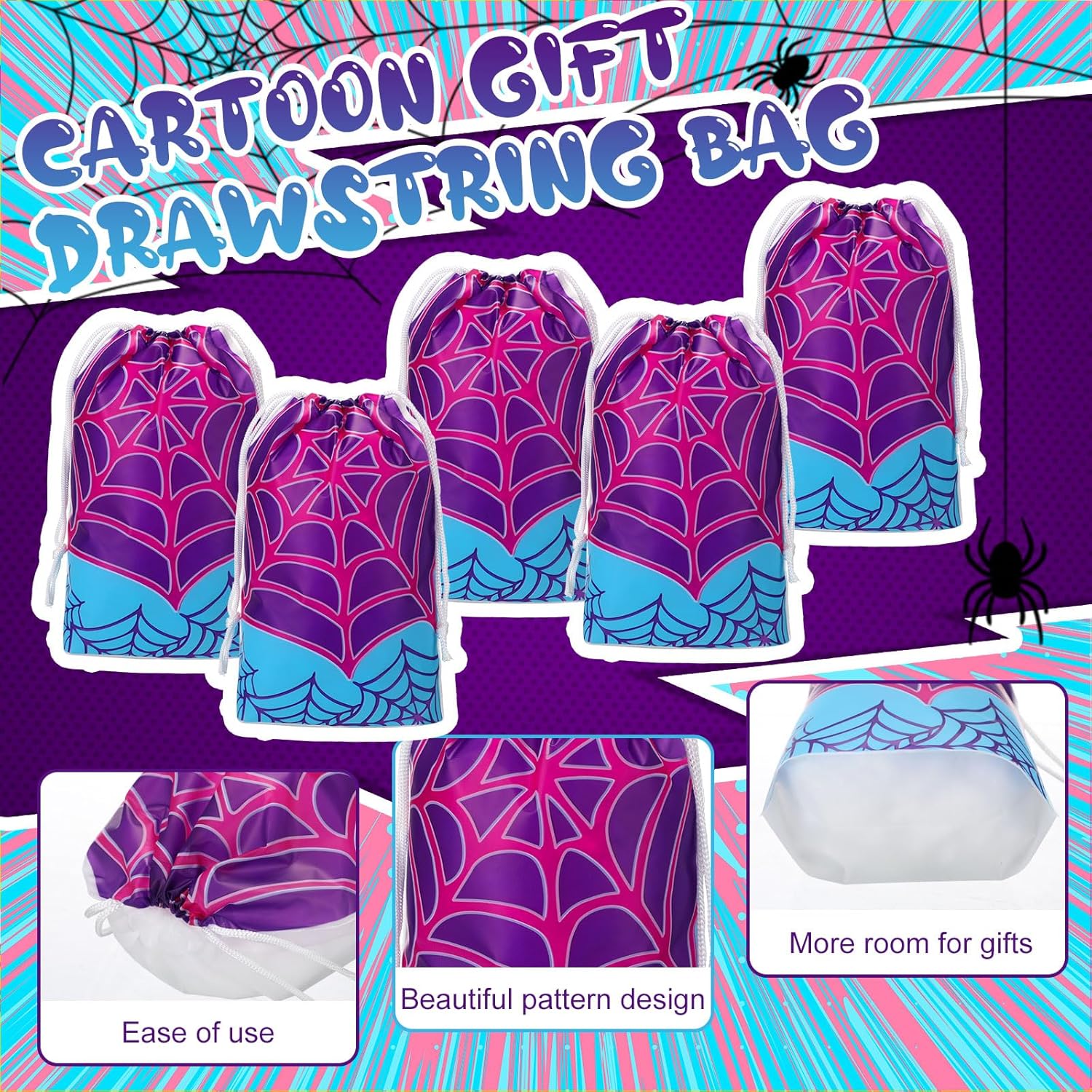 Lzuhoa 24 Pcs Spider Party Favors Gift Bags Drawstring Party Bags, Spider Birthday Decorations Purple Blue Birthday Party Favor Bags Goodie Bags for Themed Birthdayy Party Christmas Halloween - Image 3