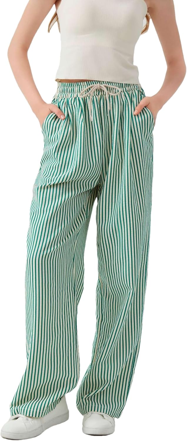 Women's Casual Striped Wide Leg Pants Y2k Drawstring Elastic High Waisted Trousers Loose Lounge Palazzo Pants