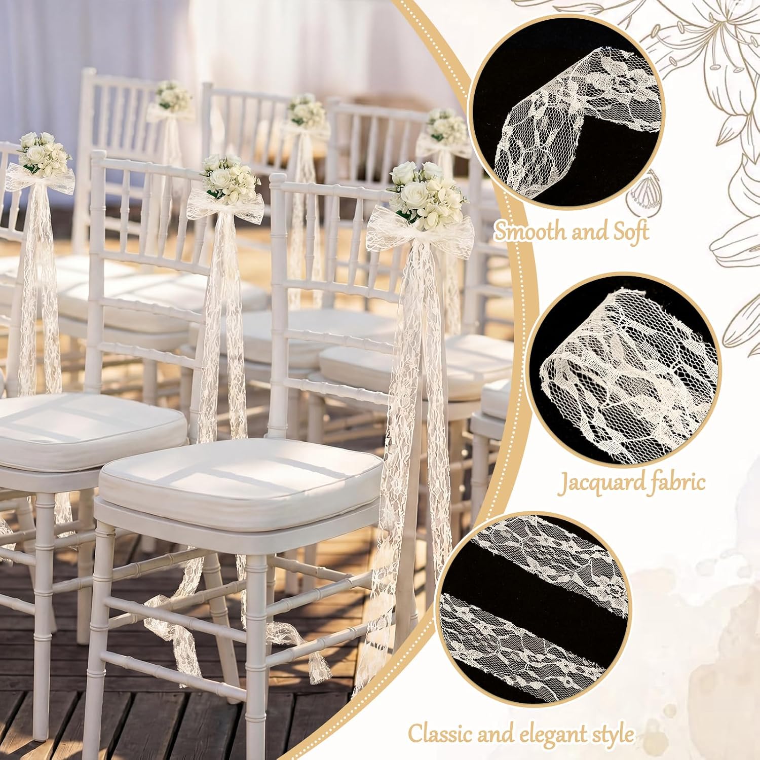 24 Pcs Lace Chair Sashes for Wedding Aisle Decorations Chair Bow Ribbons for Wedding Ceremony Bridal Shower Baby Shower Reception Party Banquet Ceremony Church Pew Decors (Ivory White)