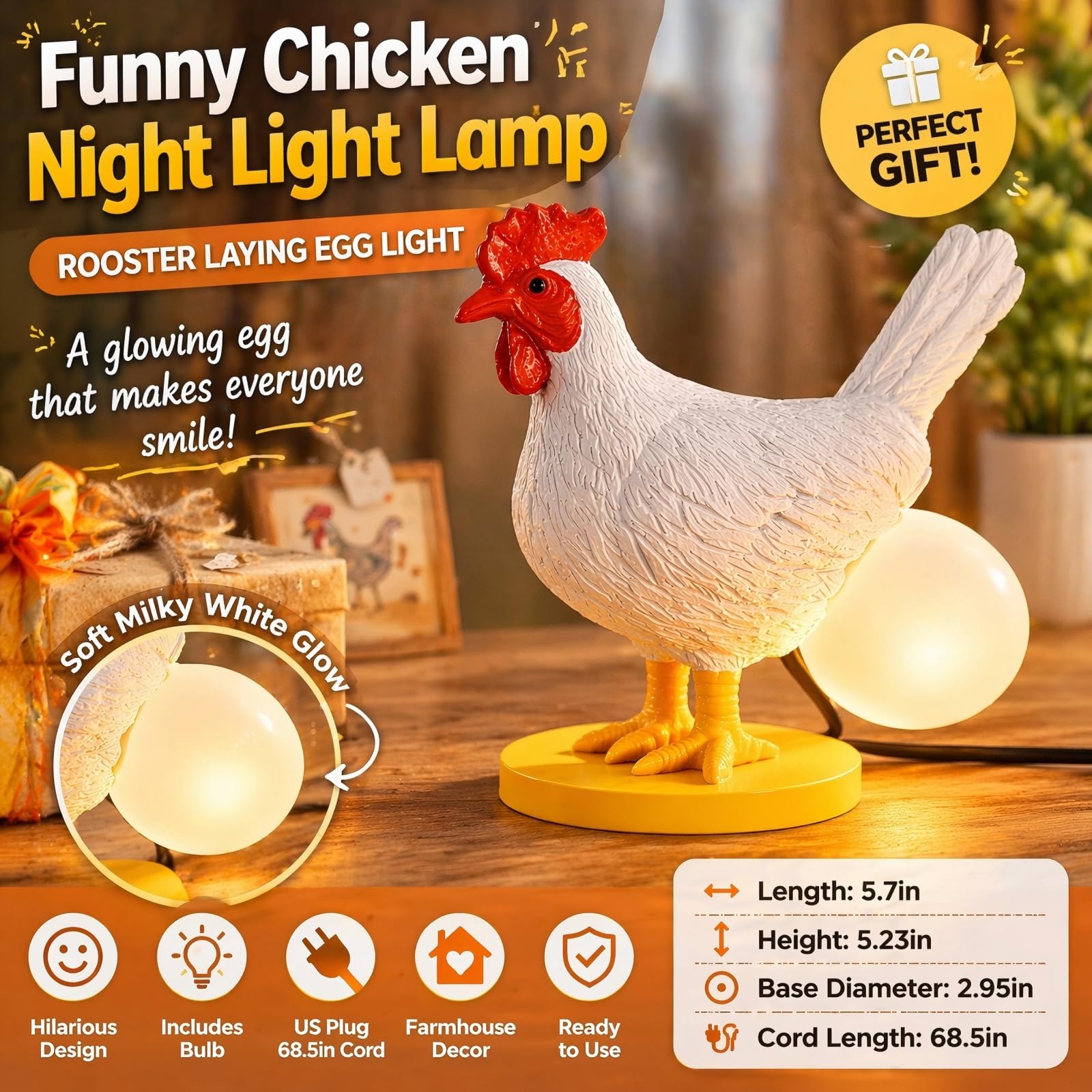 Funny Chicken Night Light Lamp – Rooster Laying Egg Light, Farmhouse Table Decor, Unique Gift for Chicken Lovers (Includes Bulb)