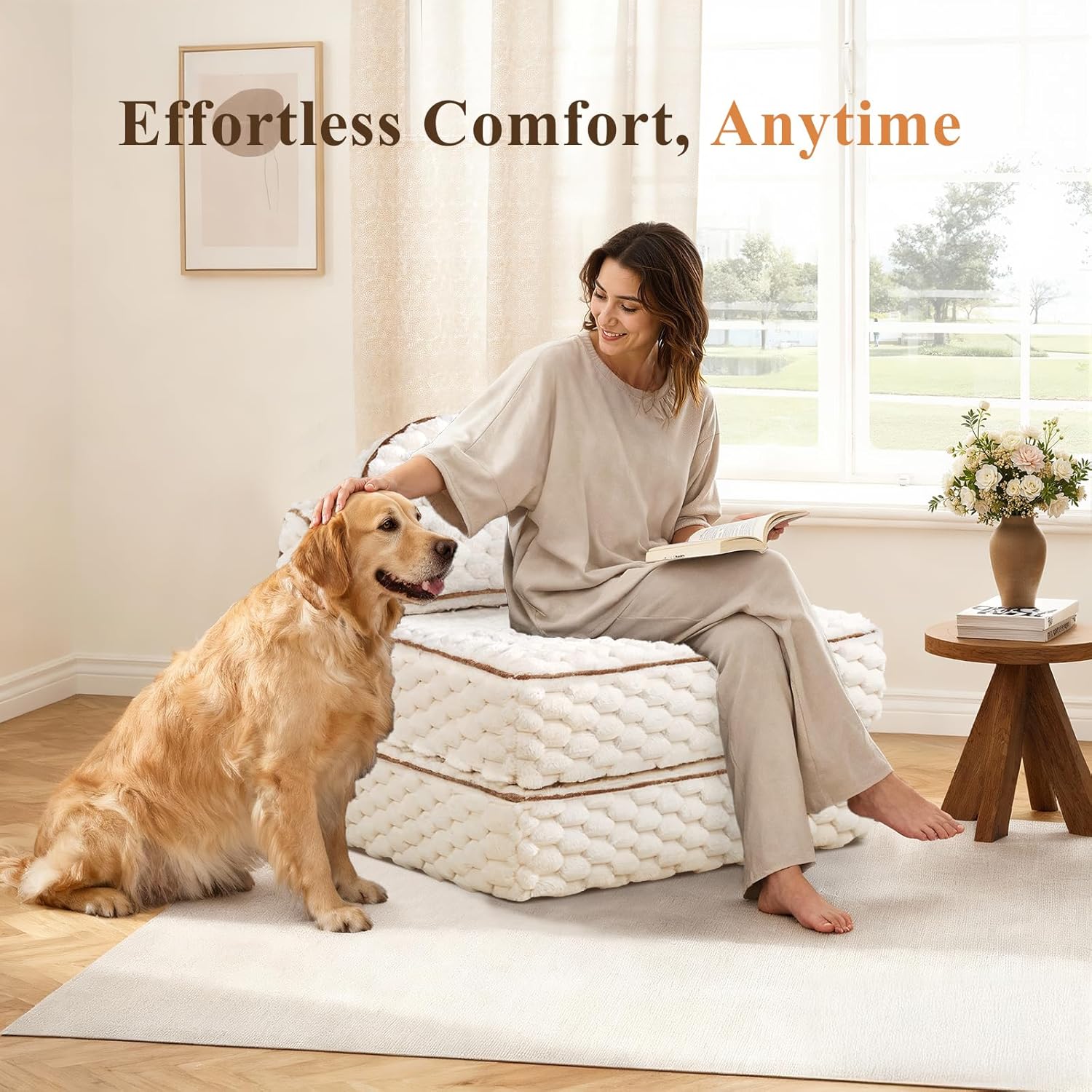 MALOL Folding Sofa Bed, 3-in-1 Convertible Sleeper Chairs with Pillow,Back Support, Fuzzy Fabric Floor Couch Bed for Adults, Boneless Couches Living Room, Bedroom, Apartment,Beige