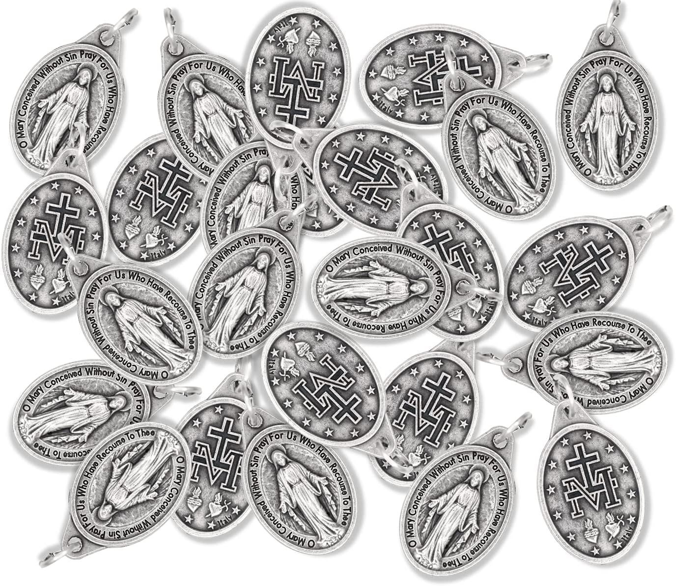 Caritas et Fides Pack of 25 - Bulk Miraculous Medals (1", Silver Oxidized), Made in Italy - Mary Pendant for Necklace, Catholic Jewelry Pendant - Image 3