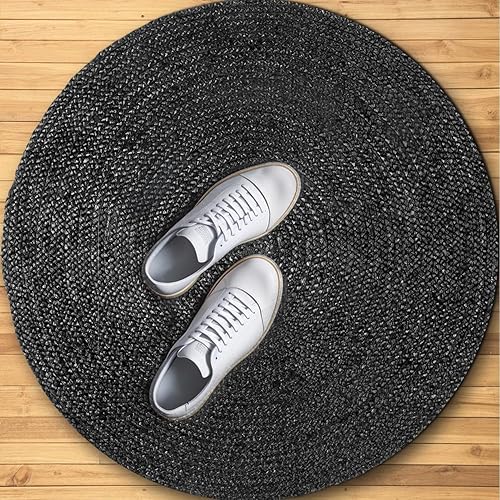 Miniatura 3 de GRUHUM Alfombra de Área de Yute Negro de 6 pies de Fibra Natural Redonda Tejida a Mano Bohemio Casa de Campo Rústico Vintage Suave Trenzada