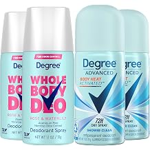 Degree Travel Deodorant Sprays Variety 4-Pack Whole Body Spray, Rose & Waterlily + Antiperspirant Deodorant Dry Spray, Shower Clean, 72H Odor Control