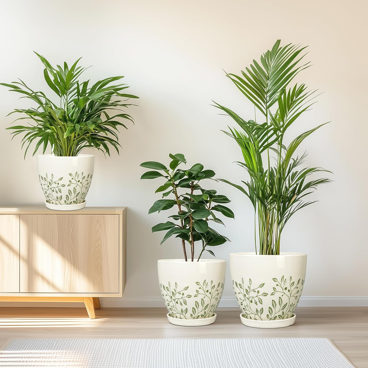 MPotTo Ceramic Pots for Indoor Plants - 10+8+6 Inch Planters with Drainage Holes and Saucers, Decorative Boho Round Indoor Planters Pots, Room Decor, Gifts for Plant Lovers, Set of 3, White
