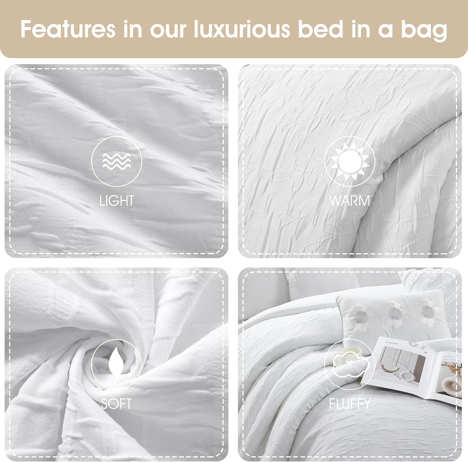 Stratford Park White Leaves Comforter Set Queen Size, 7 Piece, Jacquard Home Decor, Matcking Bed Skirt, Pillows & Shams, All Season Bedding Set