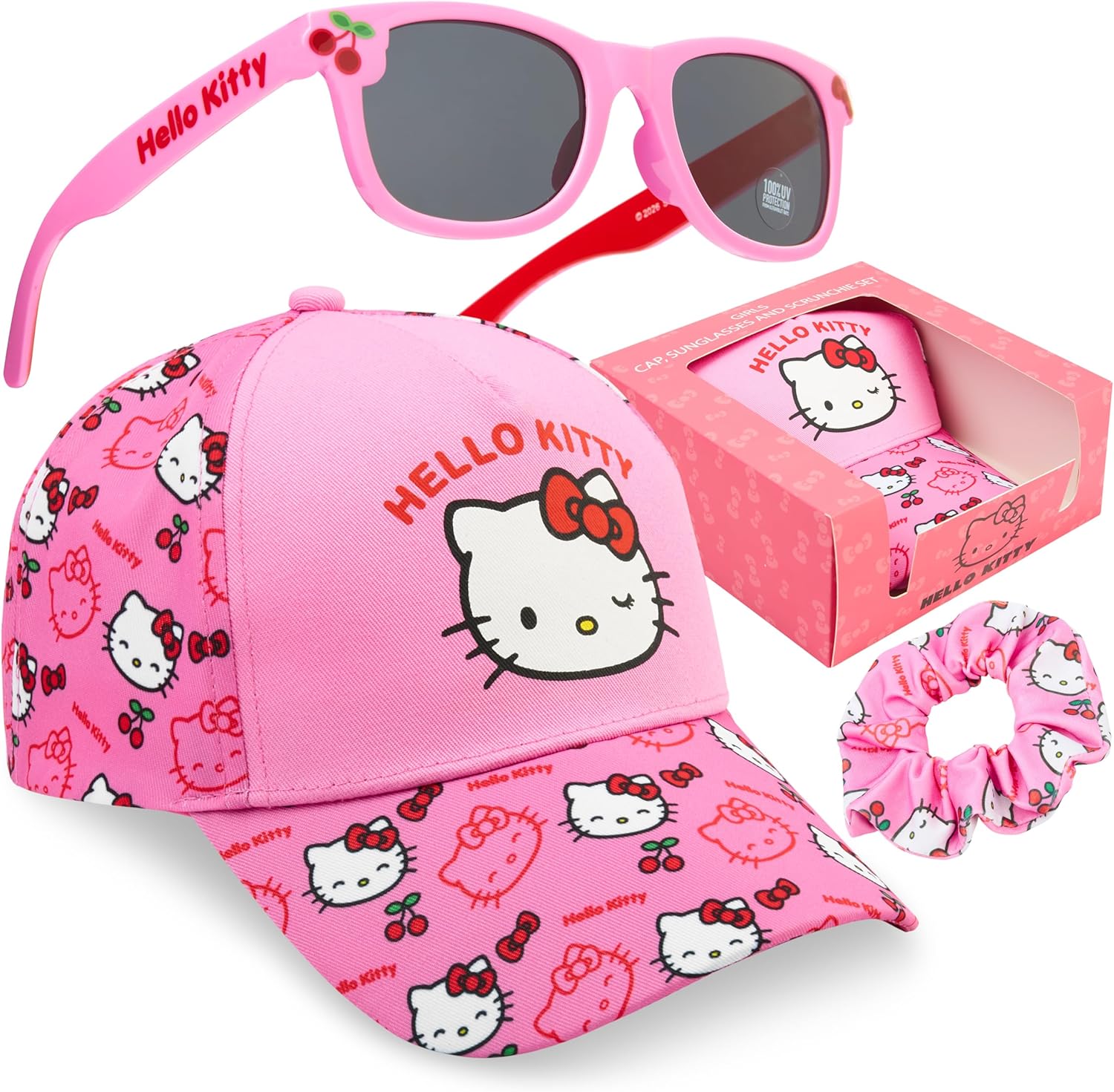 Get Trend Hello Kitty | Barbie | Squishmallows Girls Baseball Cap, UV Protection Sunglasses & Soft Scrunchies, 3 Piece Set