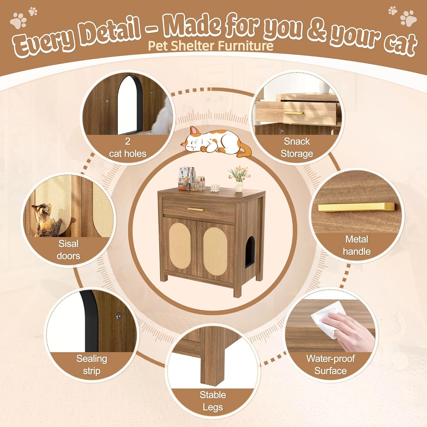 Wooden Cat Litter Box Enclosure, Hidden Cat Litter Box Furniture with Scratch Pad, Storage Drawer, Farmhouse Indoor Cat House Washroom End Table for Living Room, Brown
