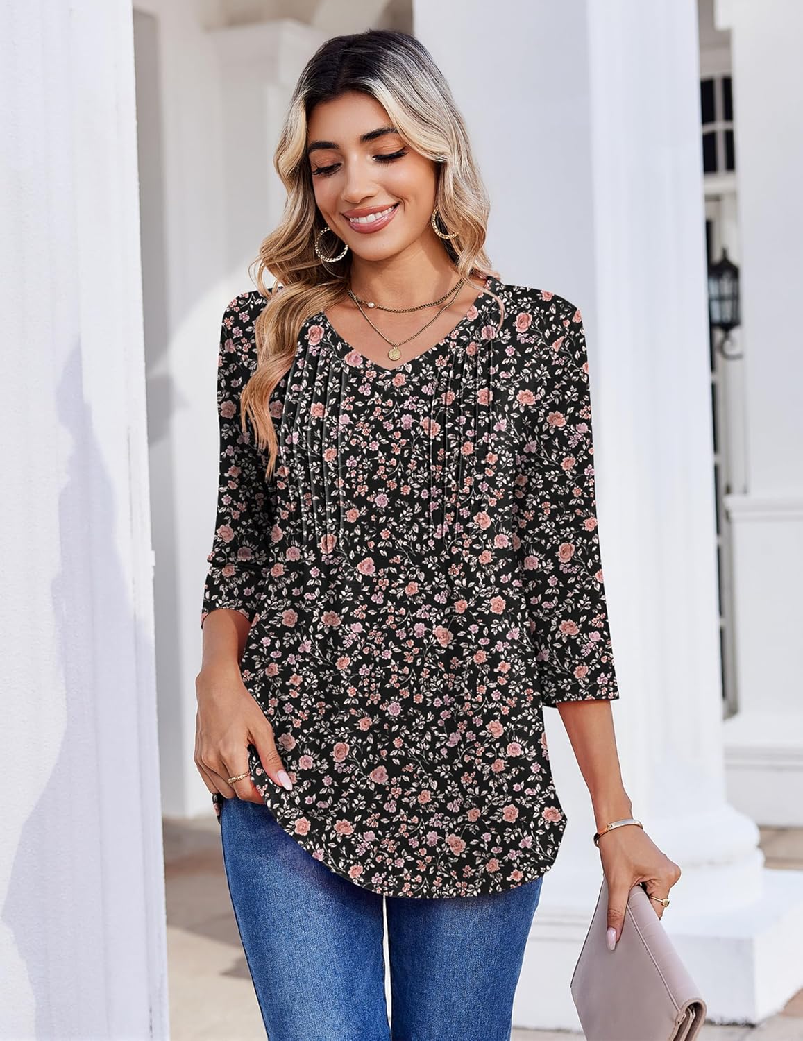 Zeagoo 3/4 Length Sleeve Womens Tops Casual V Neck Pleated Top Boho Floral Blouses Work Shirts - Image 2