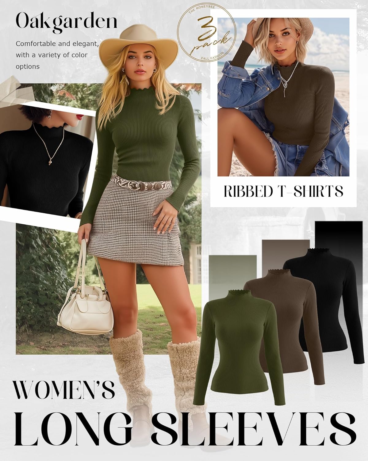 3 Pack Women's Cotton Long Sleeve Mock Turtleneck Tops Ribbed Lettuce Trim Slim Fit Shirts Thermal Base Layer - Image 3